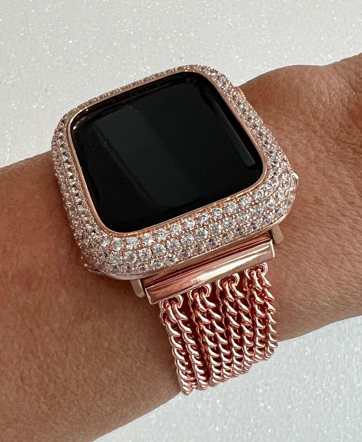 Rose Gold Apple Watch Band Women Chain Link 38mm-49mm Ultra, Iwatch Phone band & or Apple Watch Case Lab Diamond Bezel Cover Minimalist