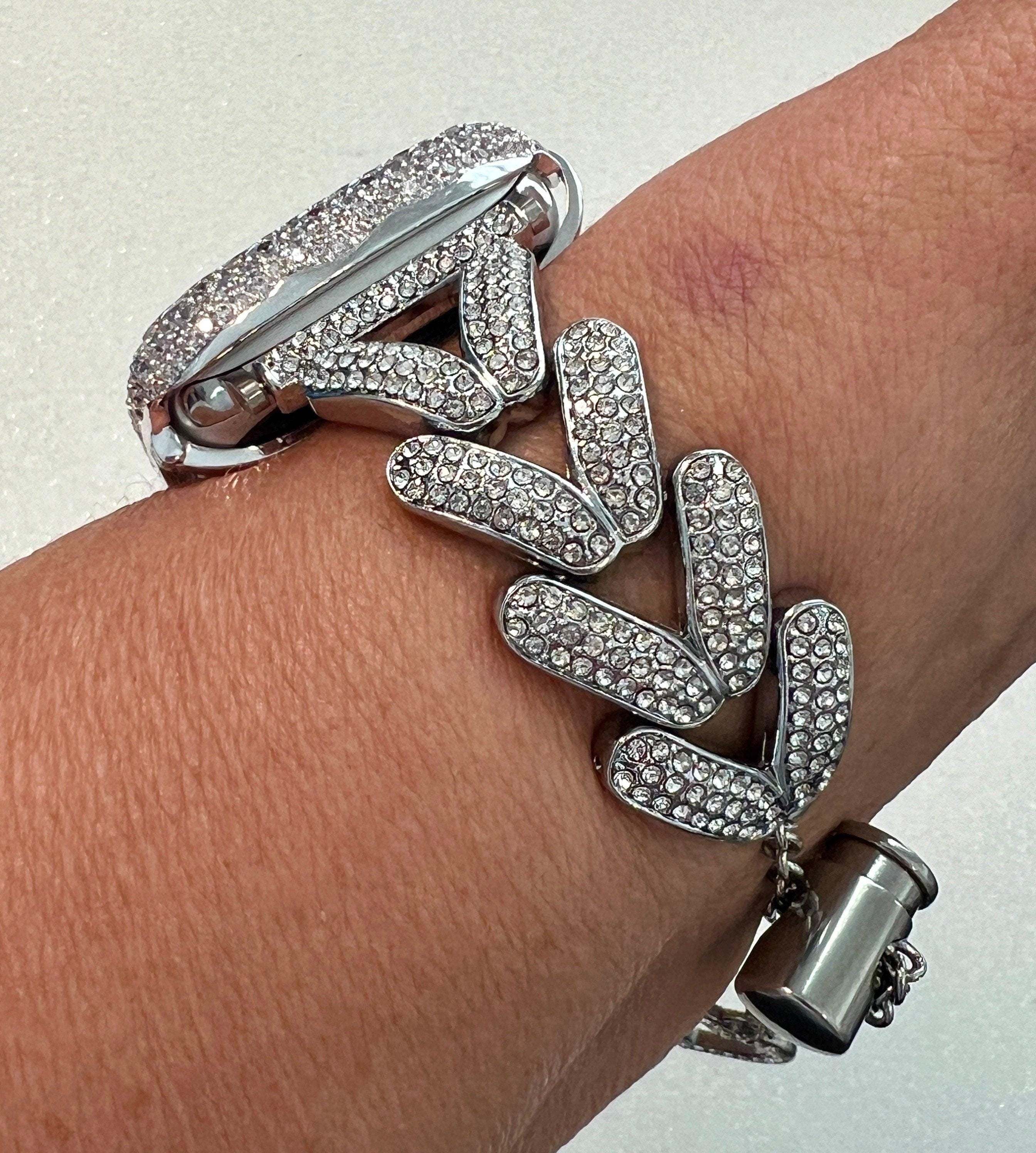 Apple Watch Band Woman Silver Swarovski Crystal Chain Heart & or Apple Watch Case Lab Diamond Bezel 38mm-49mm Ultra Apple Watch Cover Bling