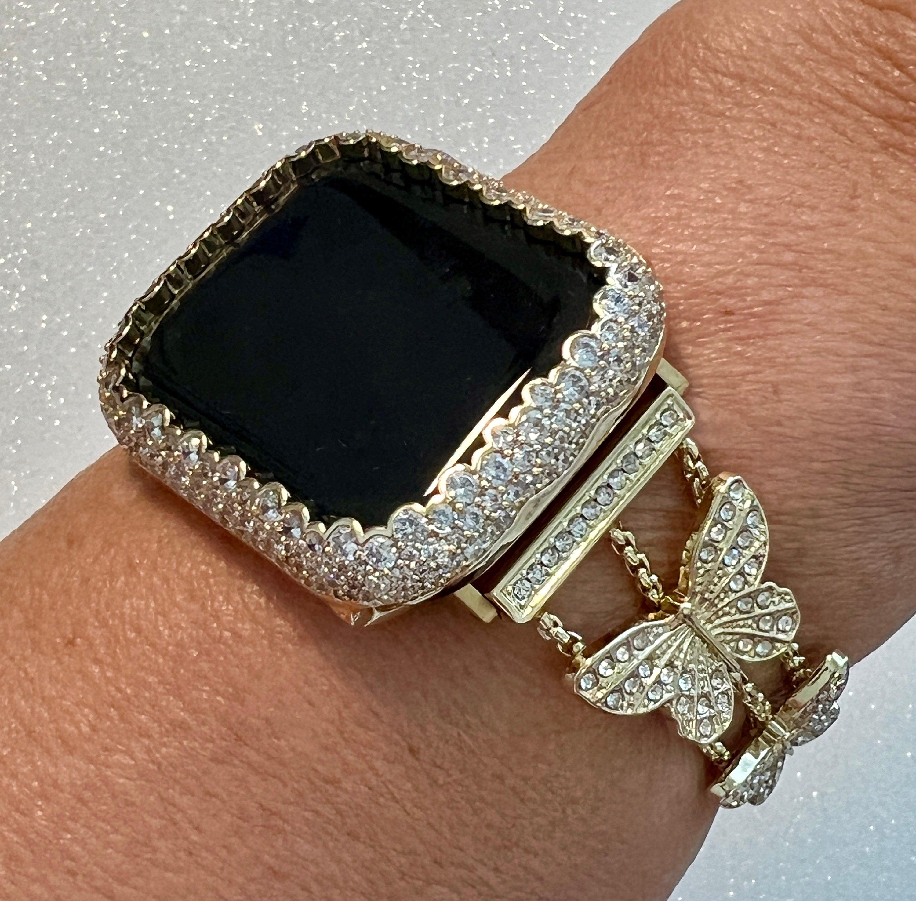 Butterfly Apple Watch Band 49mm Woman Yellow Gold Crystal & or Apple Watch Case Pave Lab Diamond Bezel Apple Watch Cover Bling