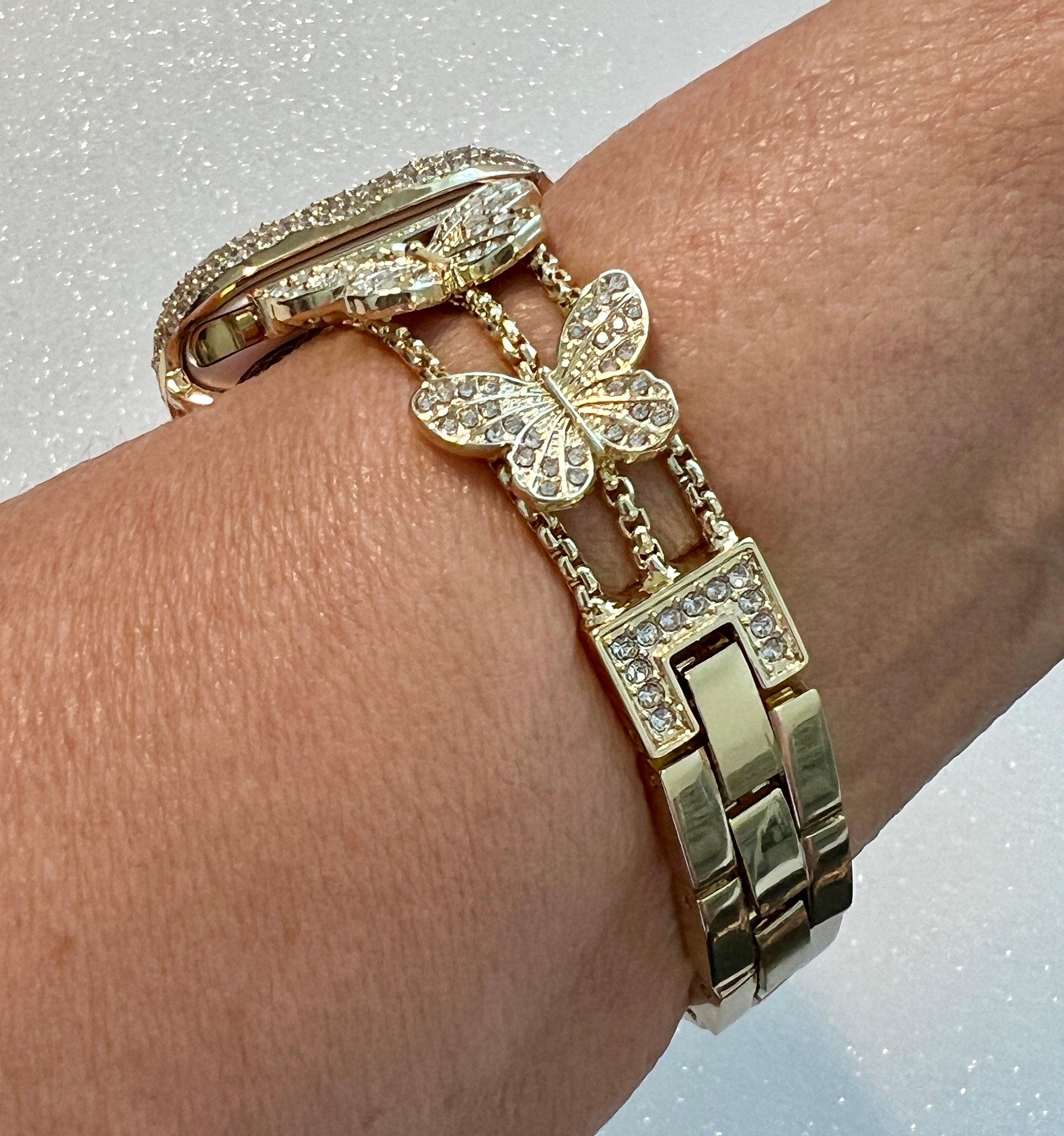 Butterfly Apple Watch Band 49mm Woman Yellow Gold Crystal & or Apple Watch Case Pave Lab Diamond Bezel Apple Watch Cover Bling