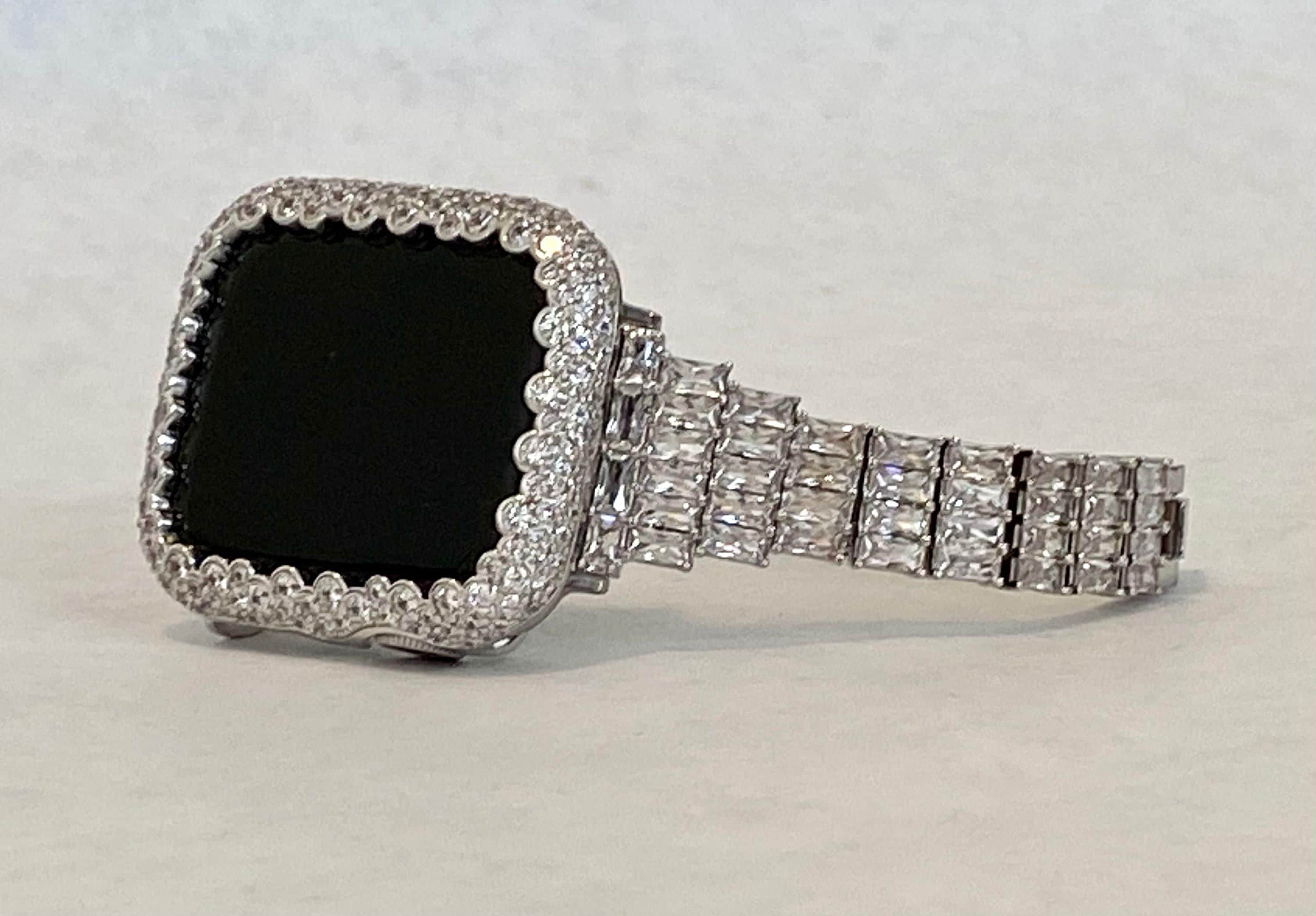 Apple Watch Band Women's Designer Silver with Swarovski Crystal Baguettes and or Apple Watch Cover with Lab Diamonds.  Sizes 38mm to 49mm Ultra.