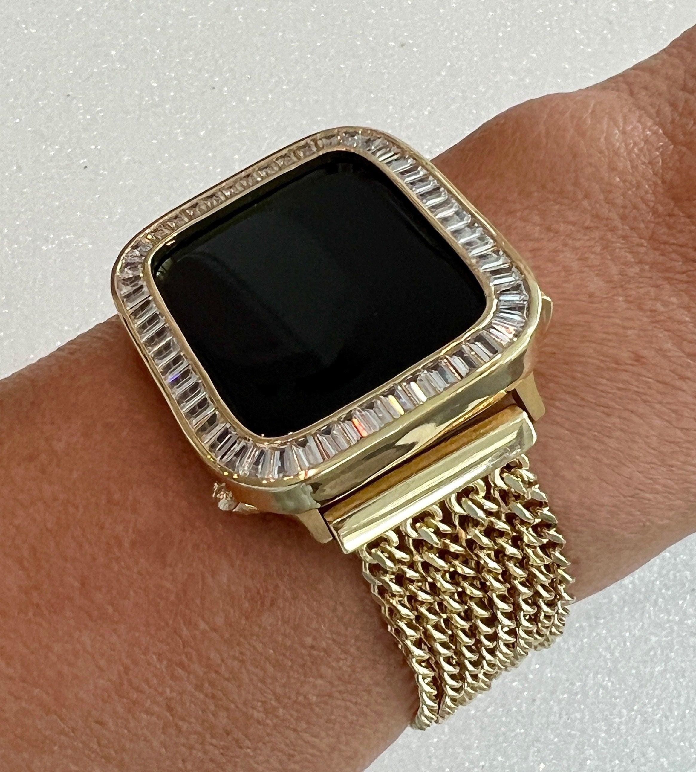 Yellow Gold Apple Watch Band Women Chain Link 38mm-45mm Ultra, Iwatch Phone band & or Apple Watch Case Lab Diamond Bezel Cover Minimalist