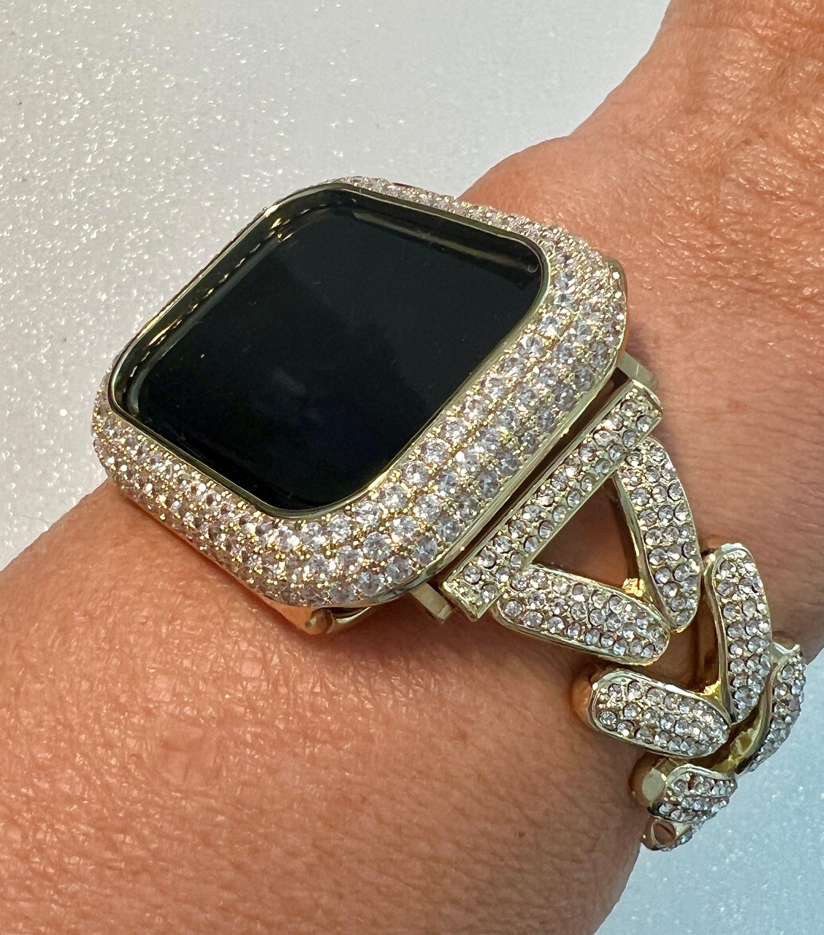 Designer Apple Watch Band Woman Gold Crystal Heart Charm & or Apple Watch Case Lab Diamond Bezel 38mm-49mm Apple Watch Cover