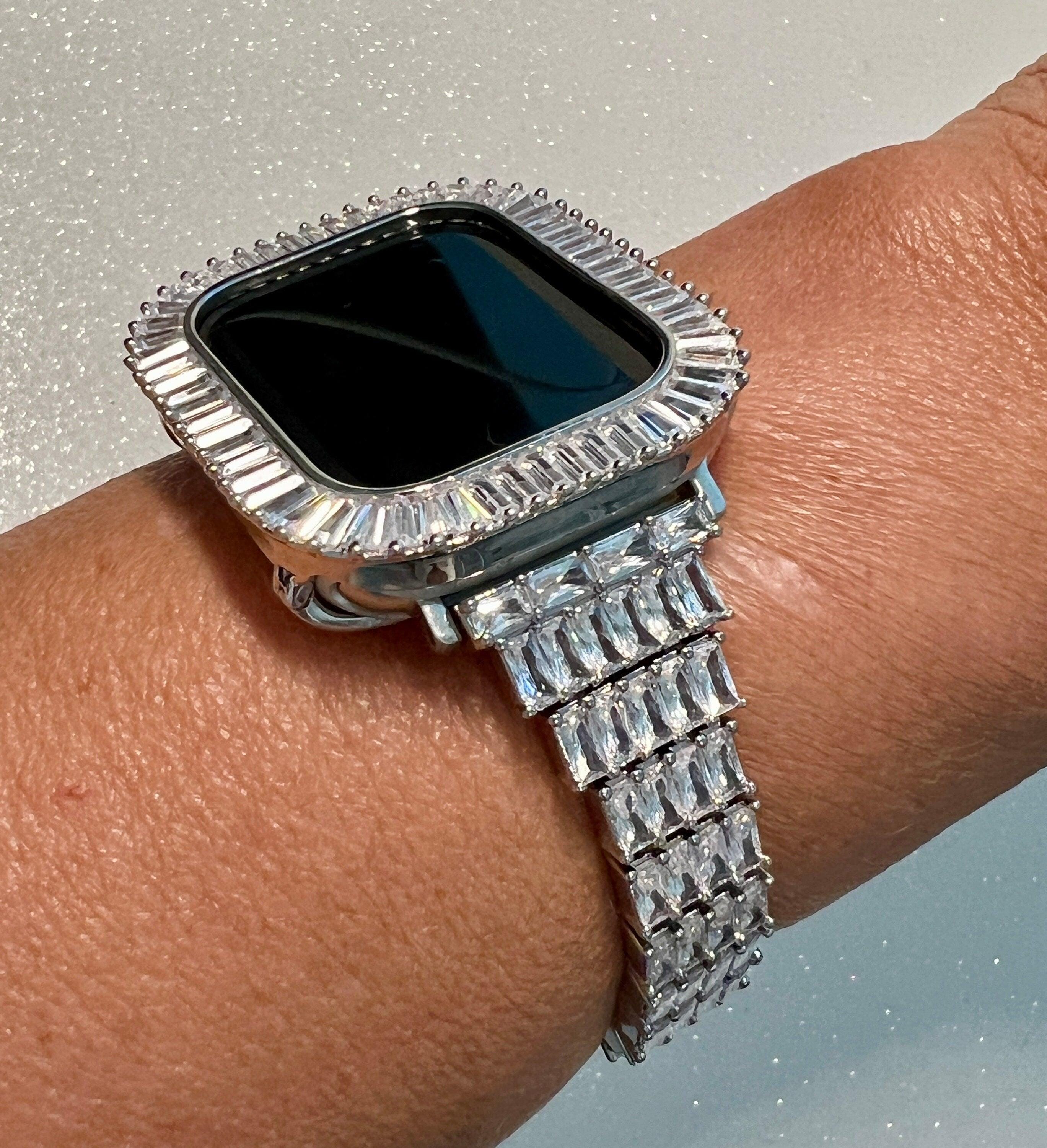 Silver Apple Watch Band 41mm 45mm, Iphone Watch Band Women & or Apple Watch Cover Lab Diamond Baguettes Iwatch Candy Apple Watch Case Bling