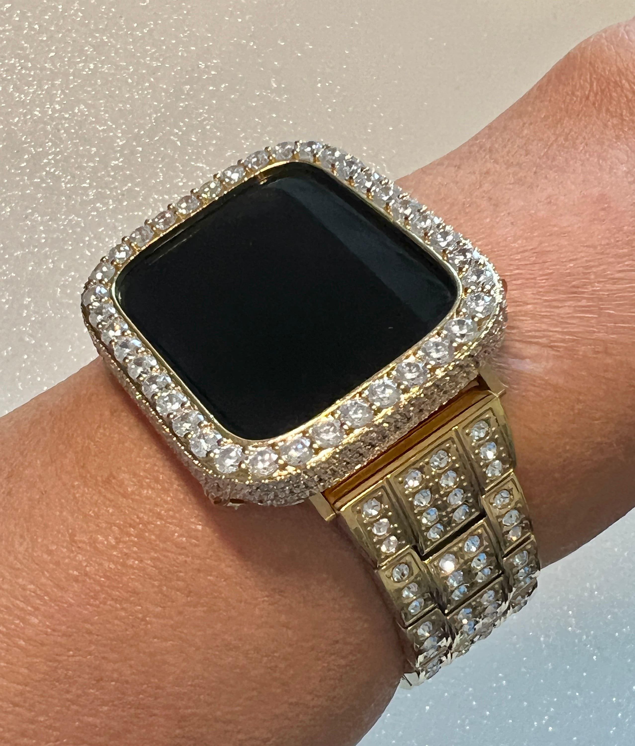 Iced Out Mens Apple Watch Band Women Gold Stainless Steel Crystals & or Apple Watch Cover Lab Diamond Bezel Case Bling 38mm-45mm