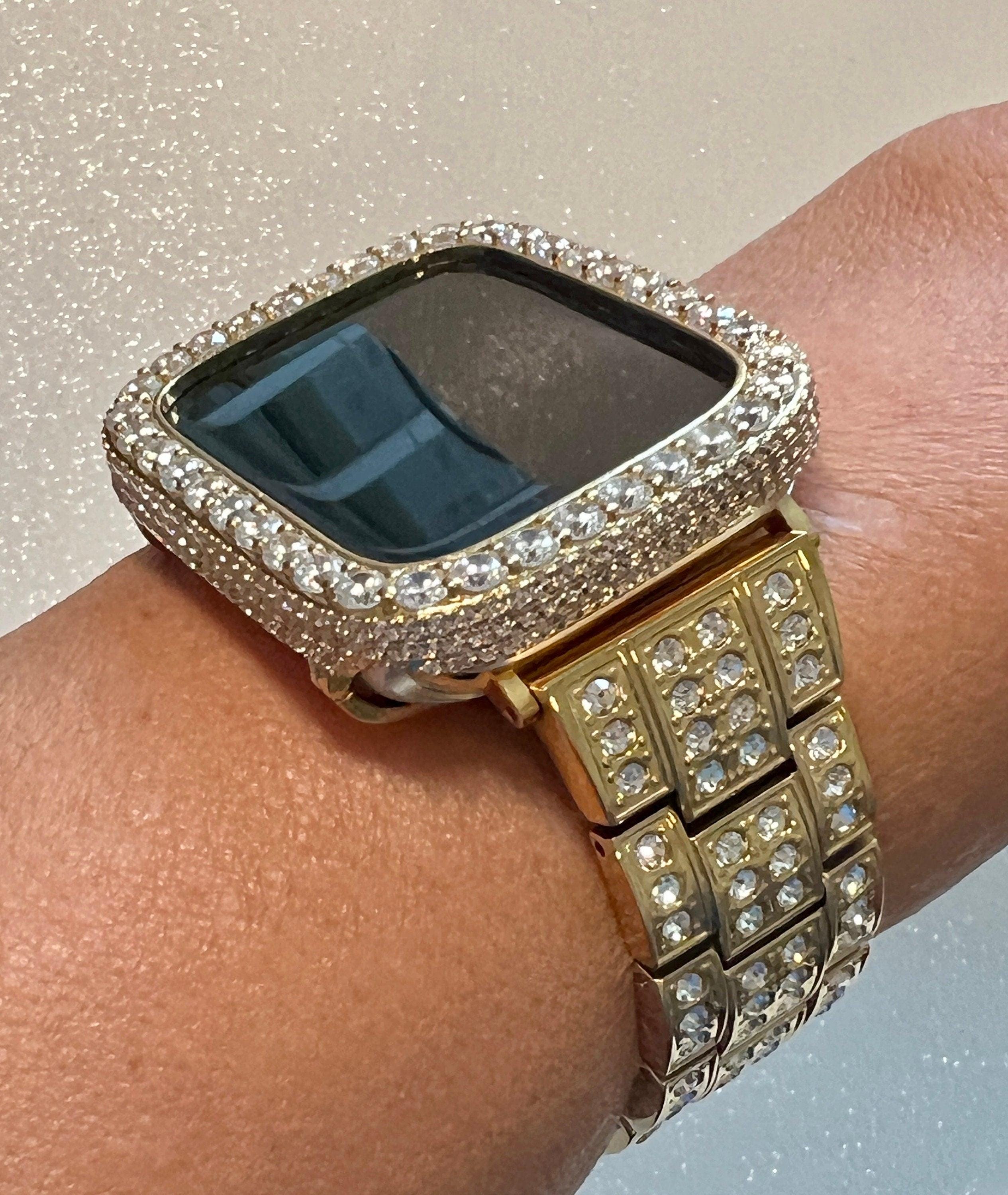 Iced Out Mens Apple Watch Band Women Gold Stainless Steel Crystals & or Apple Watch Cover Lab Diamond Bezel Case Bling 38mm-45mm