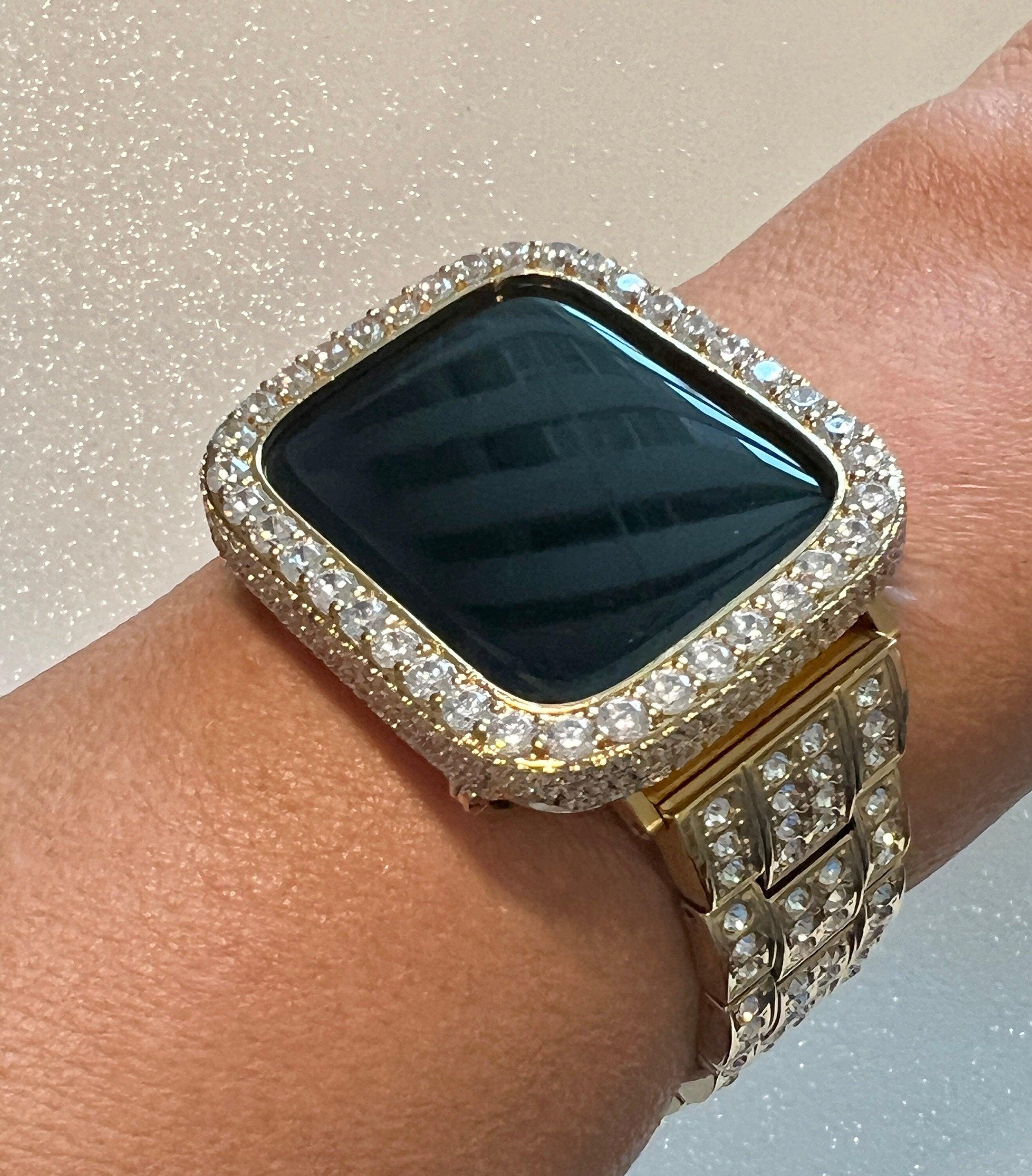 Iced Out Mens Apple Watch Band Women Gold Stainless Steel Crystals & or Apple Watch Cover Lab Diamond Bezel Case Bling 38mm-45mm
