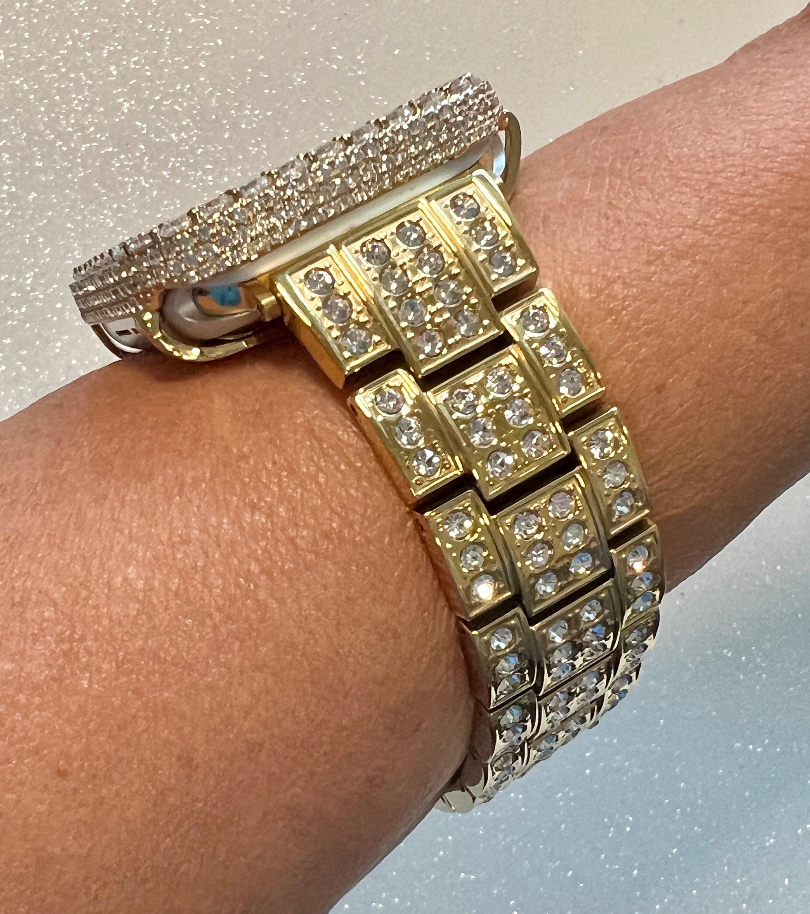 Iced Out Mens Apple Watch Band Women Gold Stainless Steel Crystals & or Apple Watch Cover Lab Diamond Bezel Case Bling 38mm-45mm