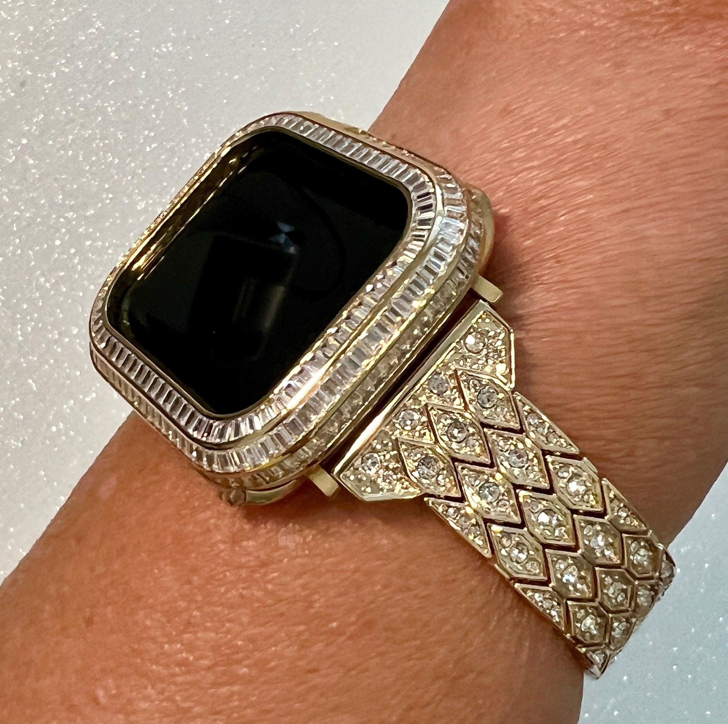 Designer Apple Watch Band Womens Gold, Crystal Iphone Watch Bracelet & or Apple Watch Cover Baguette Lab Diamond Bezel Iwatch Candy Bling