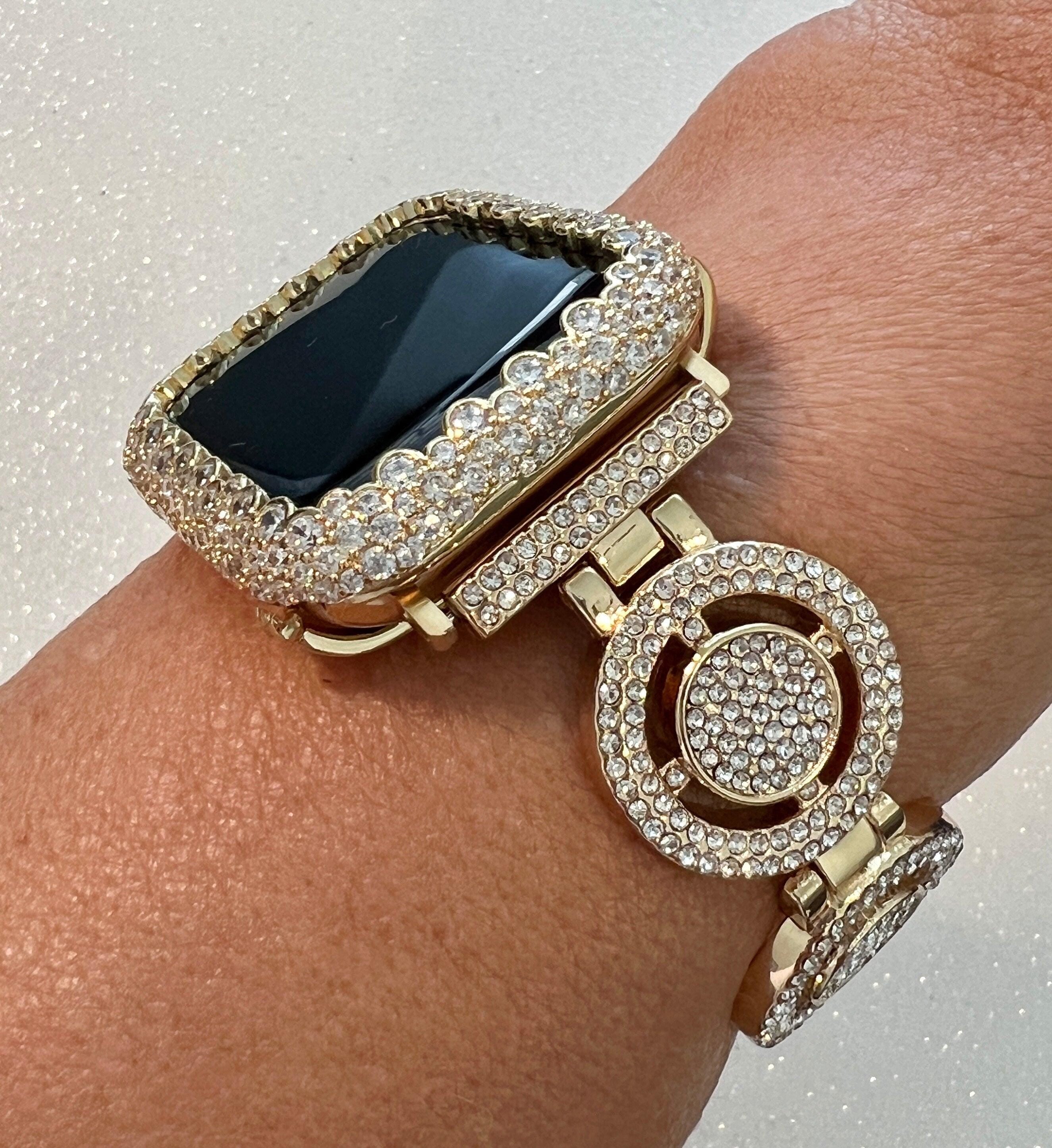 Apple Watch Band Womens Yellow Gold Swarovski Crystal Pave 38-49mm & or Apple Watch Cover Lab Diamond Bezel Case Iwatch Candy Bling Series 9