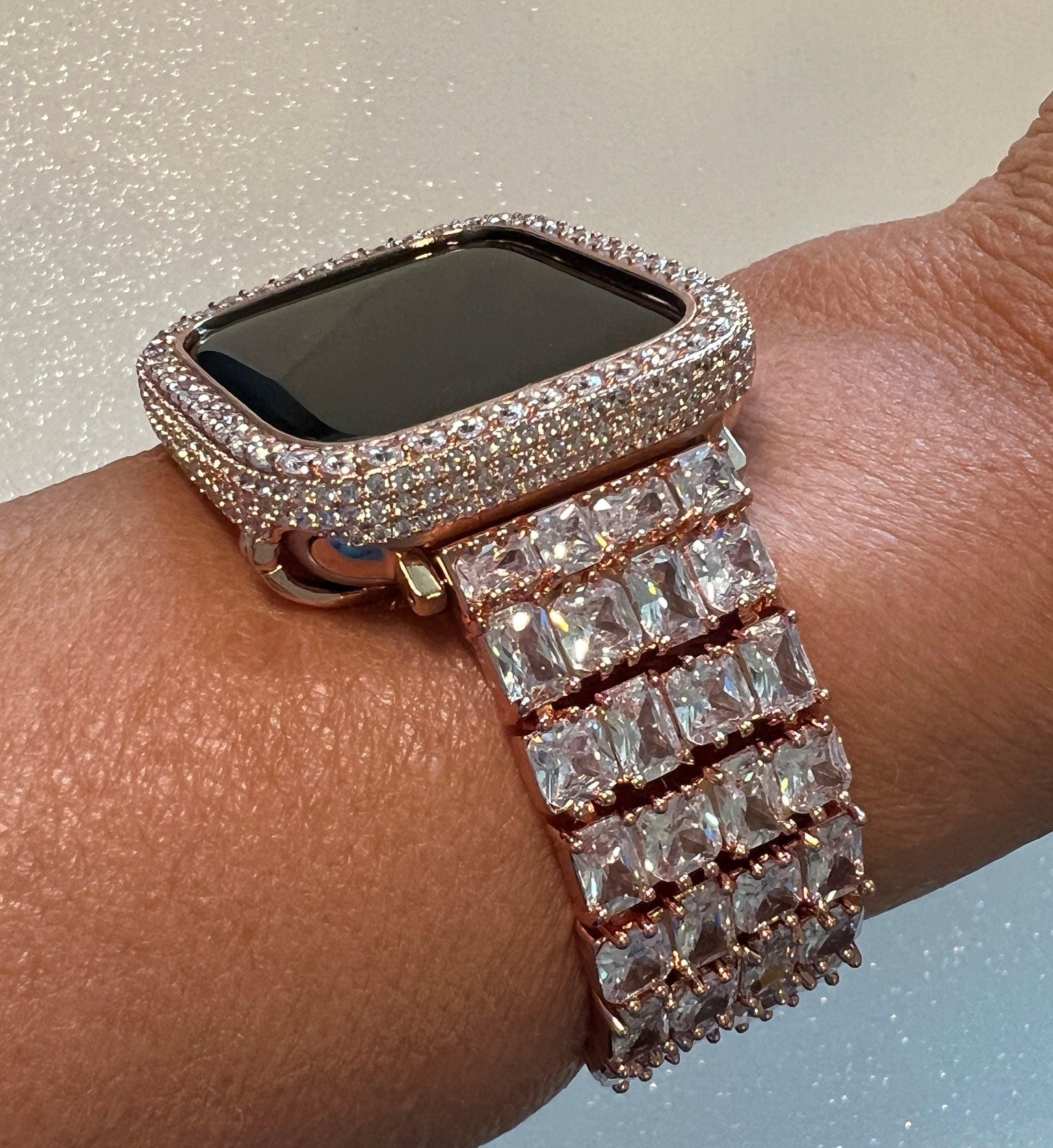 Bold Statement Apple Watch Band Womens Rose Gold Swarovski Crystals & or Apple Watch Case, Lab Diamond Bezel, Bling Apple Watch Cover