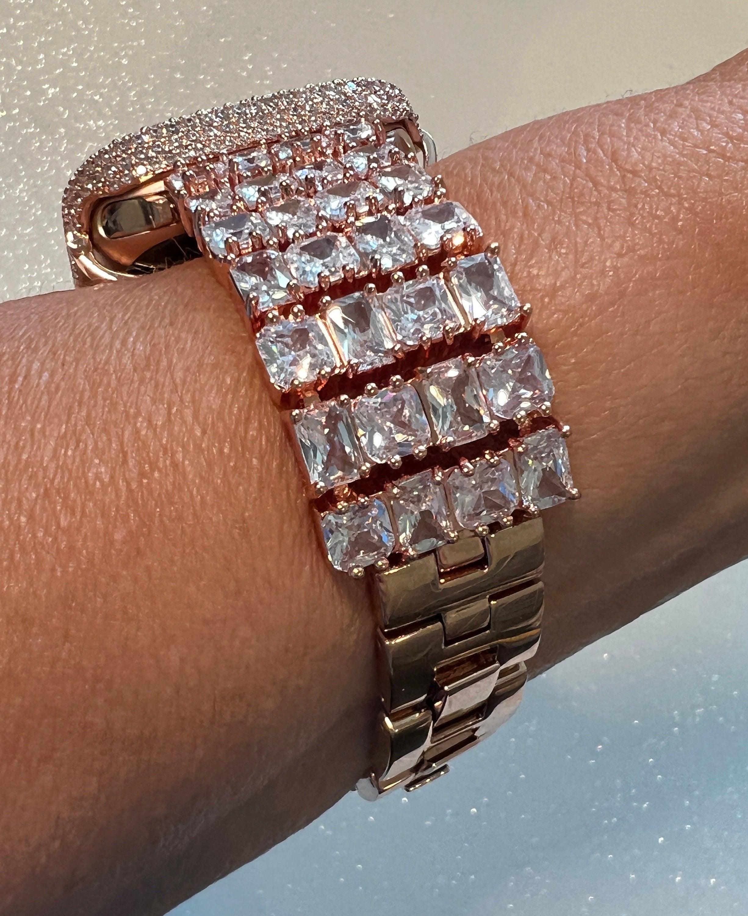 Bold Statement Apple Watch Band Womens Rose Gold Swarovski Crystals & or Apple Watch Case, Lab Diamond Bezel, Bling Apple Watch Cover