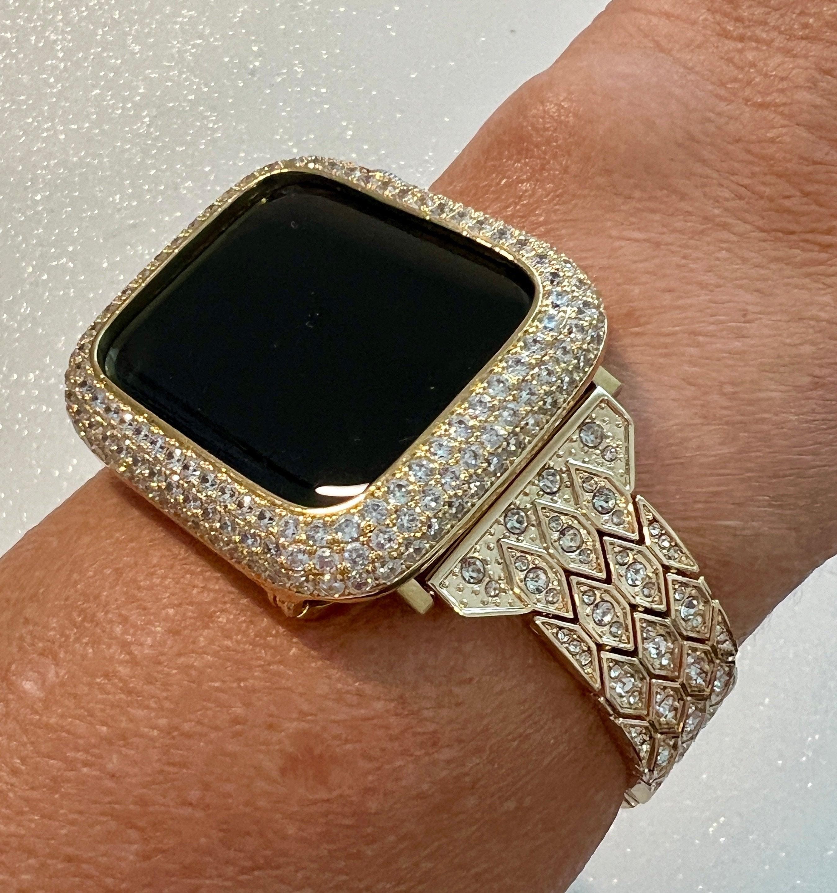 Pave Apple Watch Band Womens Gold Swarovski Crystals 38mm-49mm Ultra & or Apple Watch Cover Lab Diamond Bezel Apple Watch Case Iphone Watch