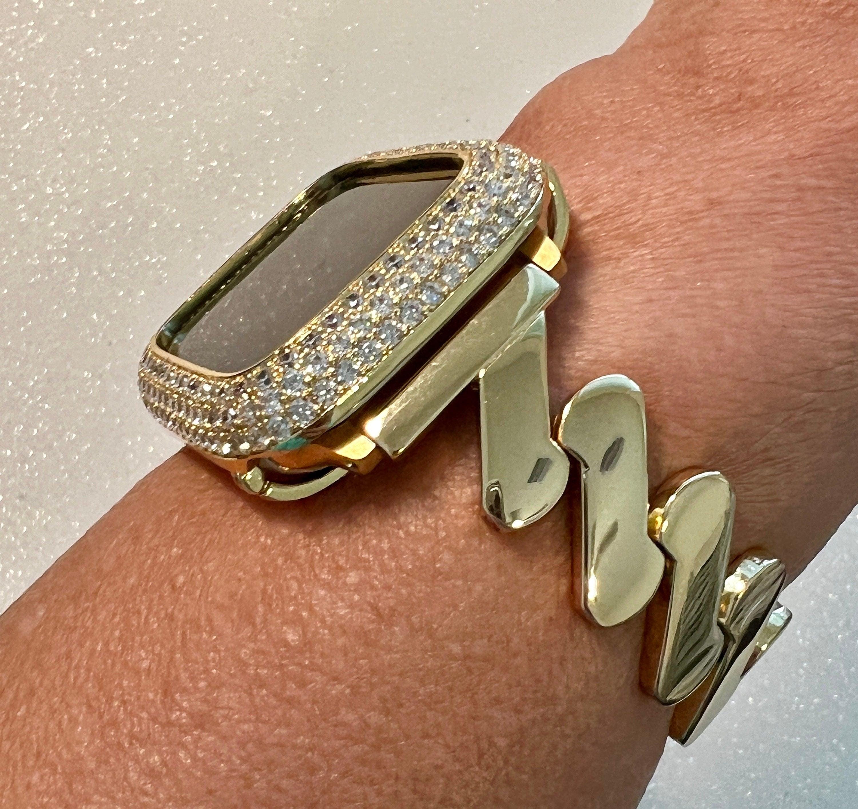 Designer Apple Watch Band Gold Women Minimalist, Iwatch Phone Bracelet & or Apple Watch Case Pave Lab Diamond Bezel Cover Bling Gift for Her