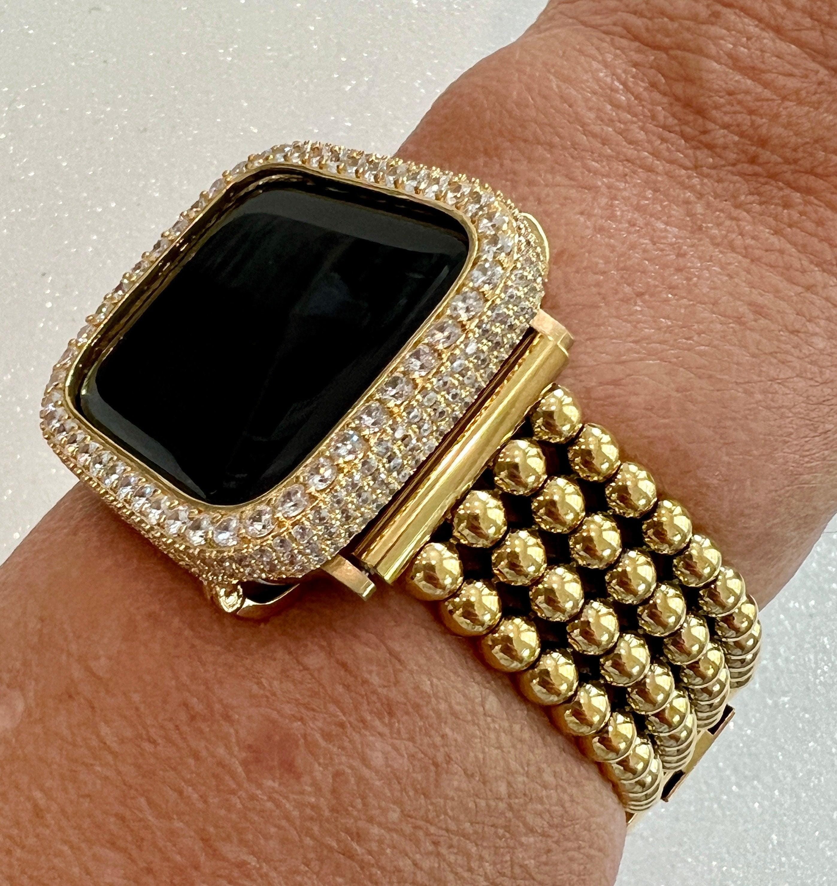 Gold Apple Watch Band Women Four Row Beaded 38mm-49mm Ultra, Iwatch Phone band & or Apple Watch Case Lab Diamond Bezel Cover Gift