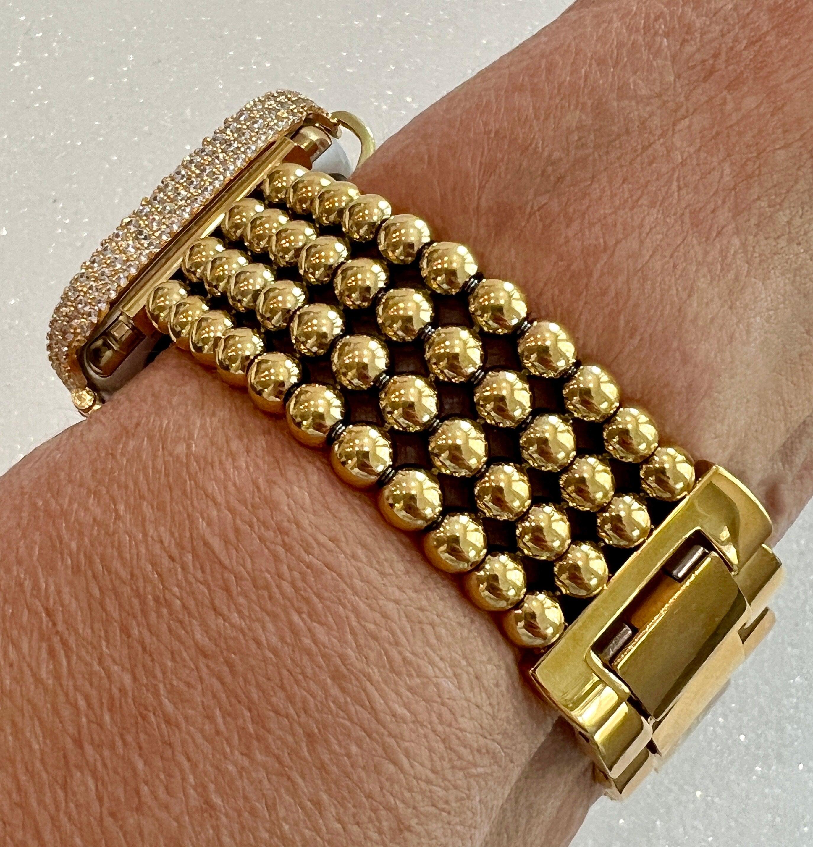 Gold Apple Watch Band Women Four Row Beaded 38mm-49mm Ultra, Iwatch Phone band & or Apple Watch Case Lab Diamond Bezel Cover Gift