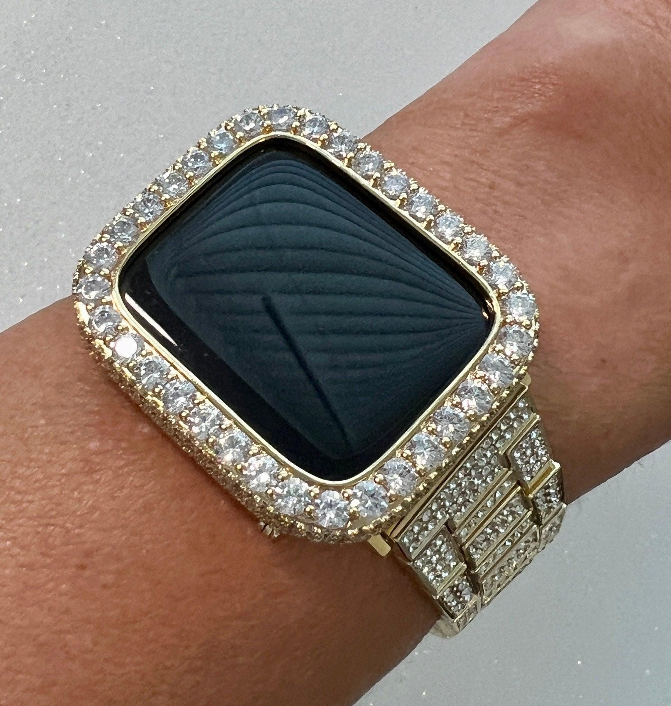 Mens Apple Watch Band Women Gold Pave Crystals & or Apple Watch Cover 3.5mm Lab Diamond Bezel Smartwatch Bumper Case Iwatch Candy