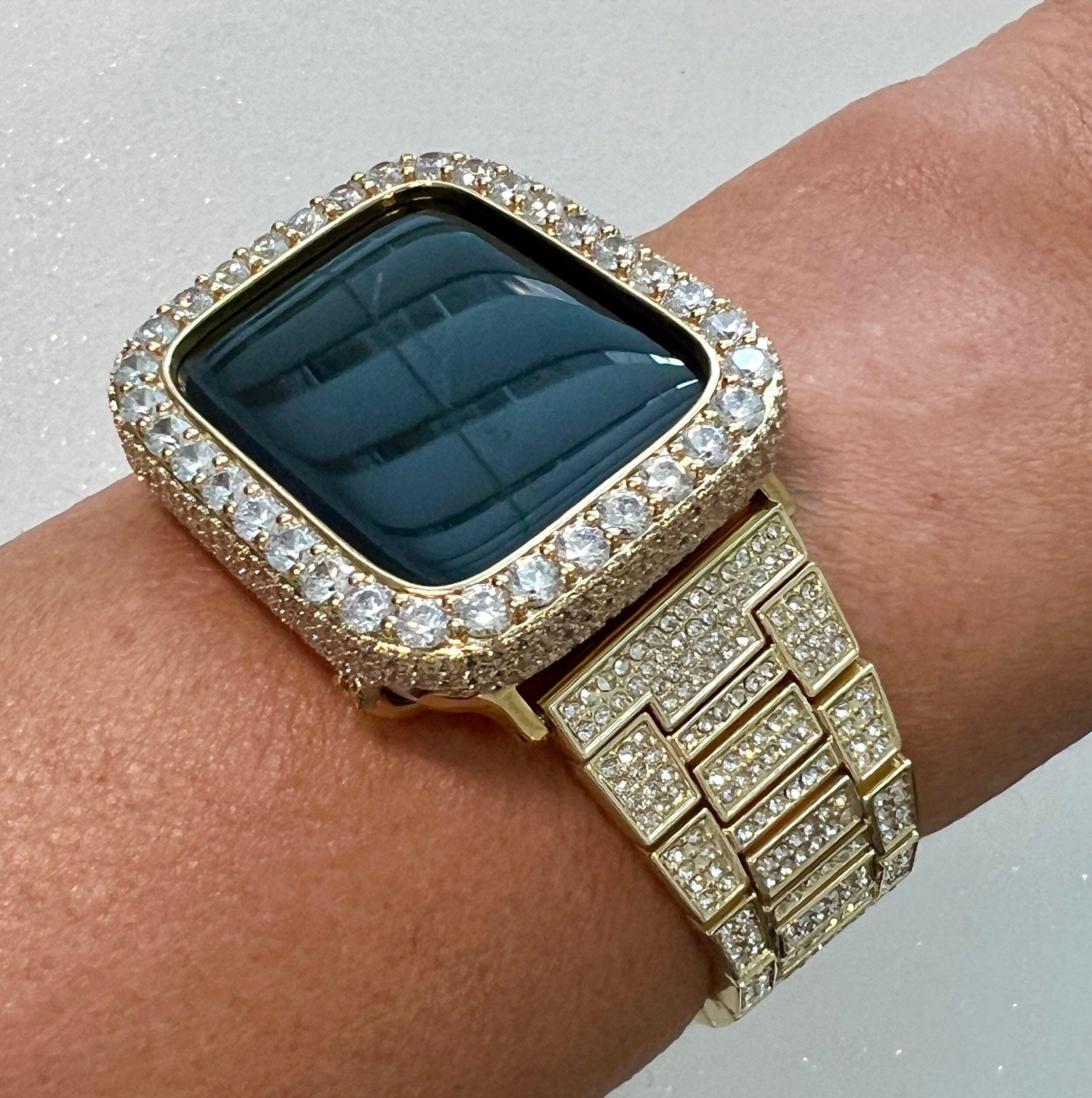 Mens Apple Watch Band Women Gold Pave Crystals & or Apple Watch Cover 3.5mm Lab Diamond Bezel Smartwatch Bumper Case Iwatch Candy
