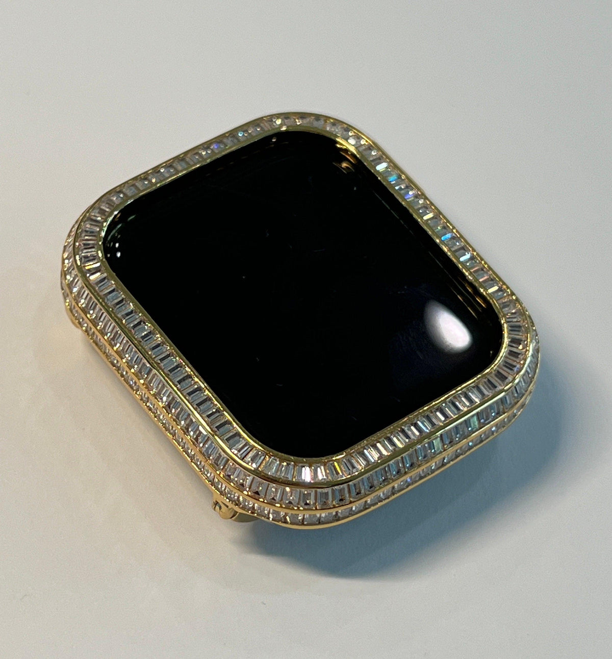 Yellow Gold Apple Watch Band Woman Baguette & Radiant Cut Crystals and or Designer Apple Watch Cover Lab Diamond Bezel 40mm-45mm