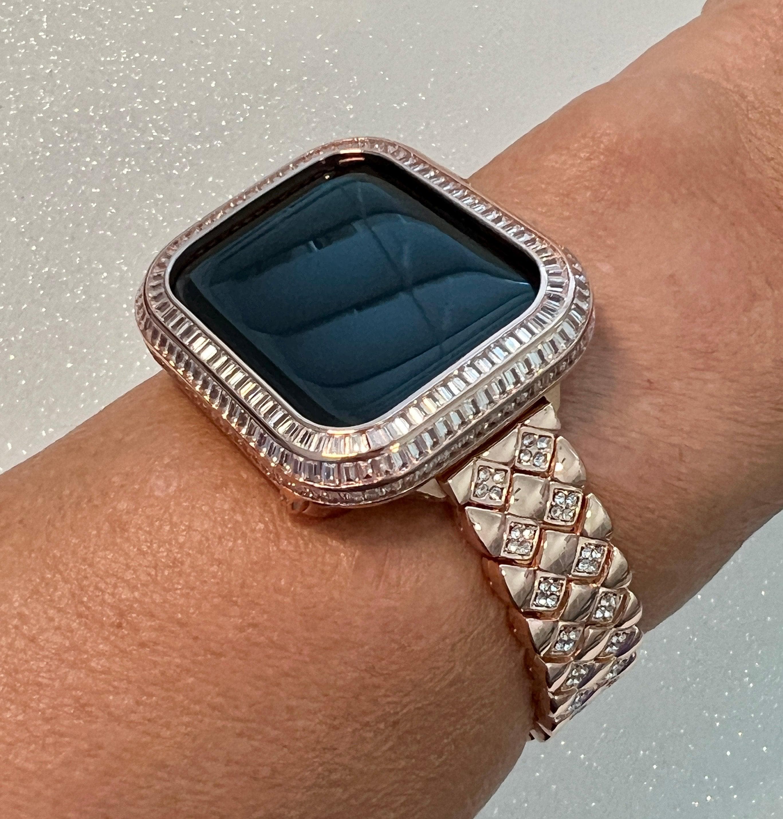 Custom Apple Watch Band Womens  in Rose Gold with Swarovski Crystals and or Apple Watch Cover with 3 Rows of Lab Diamonds set in 14k Rose Gold Plating.  Fits sizes 40mm 41mm 44mm 45mm from Iwatch Candy