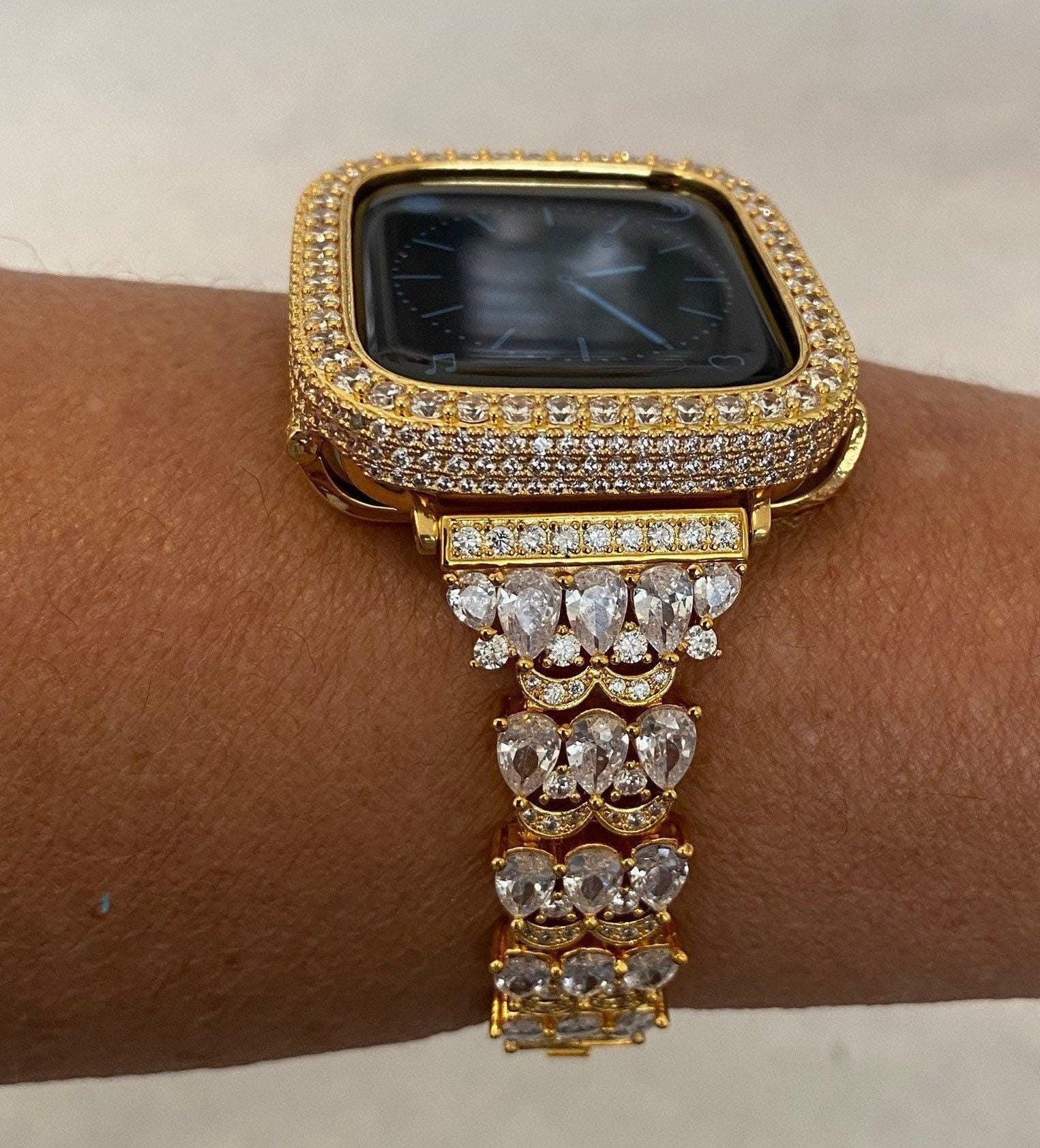Luxury Apple Watch Band Womens Yellow Gold Swarovski Crystals & or Apple Watch Case for Iphone Watch Lab Diamond Cover 38-49mm Iwatch Candy
