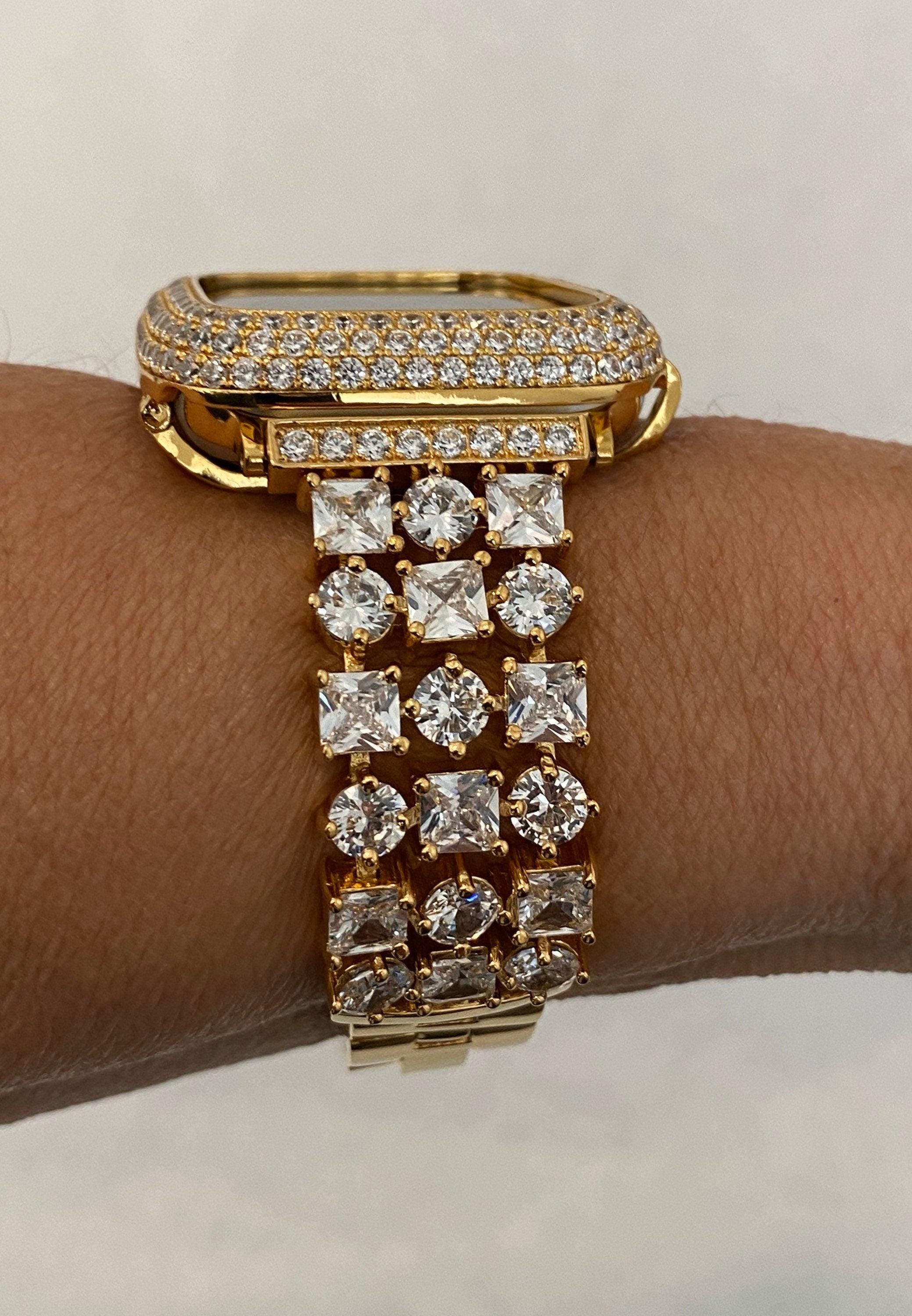 Gold Apple Watch Band Swarovski Crystal 38mm-49mm Ultra & or Apple Watch Cover Lab Diamond Bezel Apple Watch Case Iwatch Candy Bling