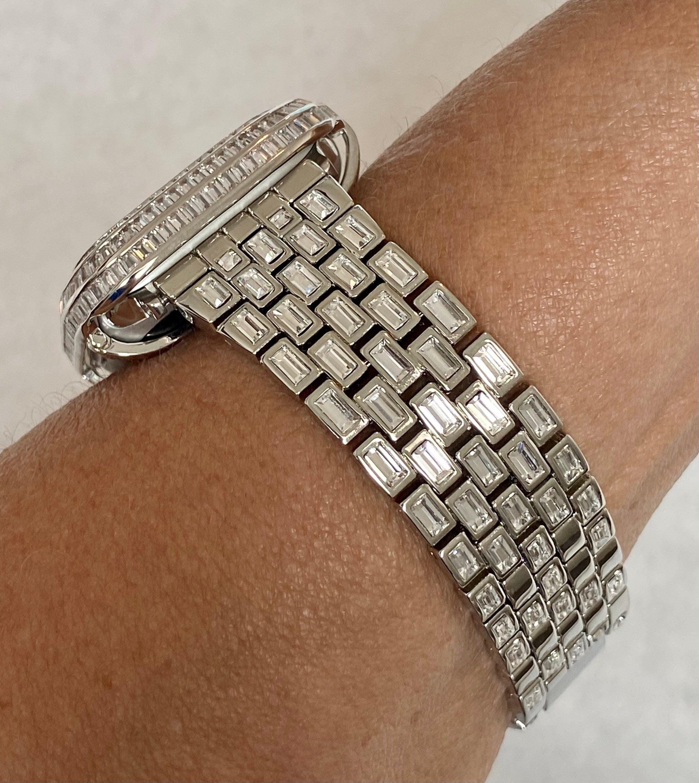 Silver Apple Watch Band Silver 40mm 41mm 44mm 45mm & or White Gold Lab Diamond Baguette Bezel Cover Smartwatch Bumper Bling Series 4-9 SE