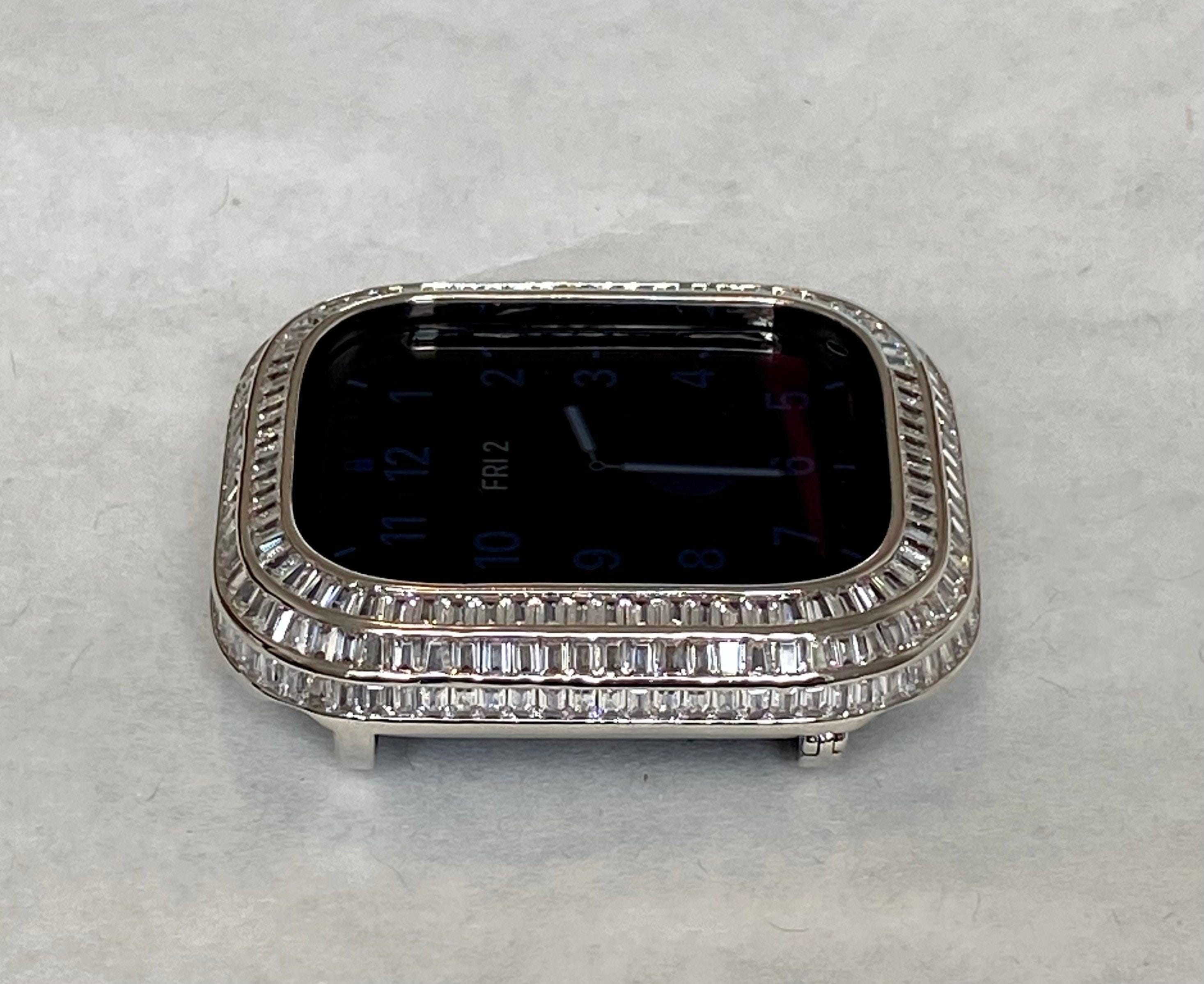 Silver Apple Watch Band Silver 40mm 41mm 44mm 45mm & or White Gold Lab Diamond Baguette Bezel Cover Smartwatch Bumper Bling Series 4-9 SE