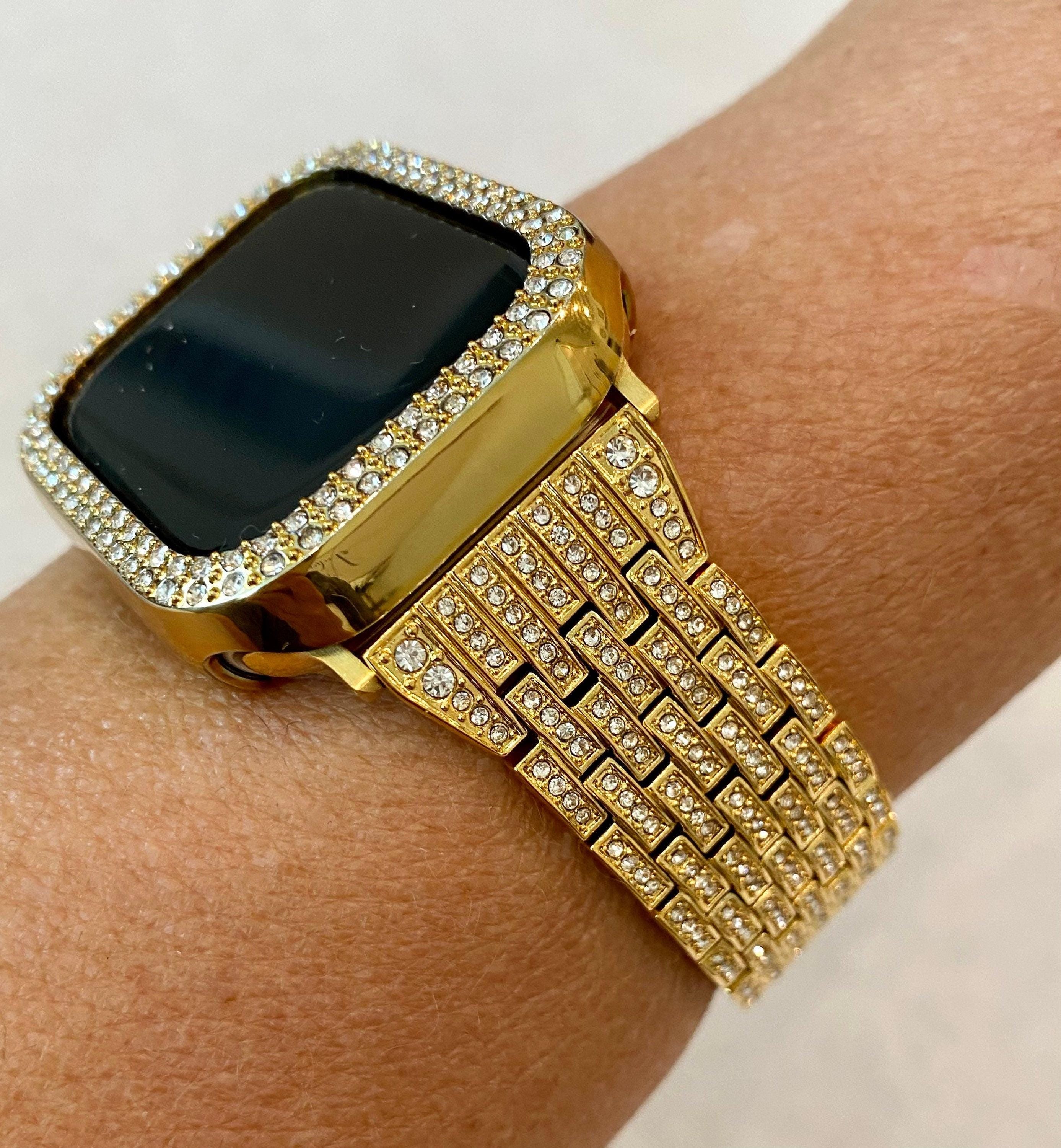Series 2-9 Apple Watch Band Gold Ultra 49mm Swarovski Crystals & or Lab Diamond Bezel Cover 38mm-45mm Smartwatch Bumper Iwatch Candy Bling