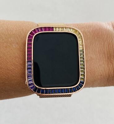 Rainbow Apple Watch Case 40mm 44mm Rose Gold Lab Diamond Bezel 38mm-46mm Series 2-12