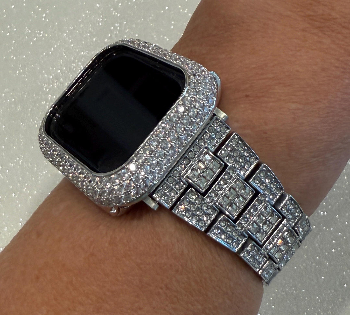 Pave Silver Apple Watch Band Women 38mm-49mm Ultra Swarovski Crystal & or Apple Watch Cover Lab Diamond Bezel Apple Watch Case Series 2-12