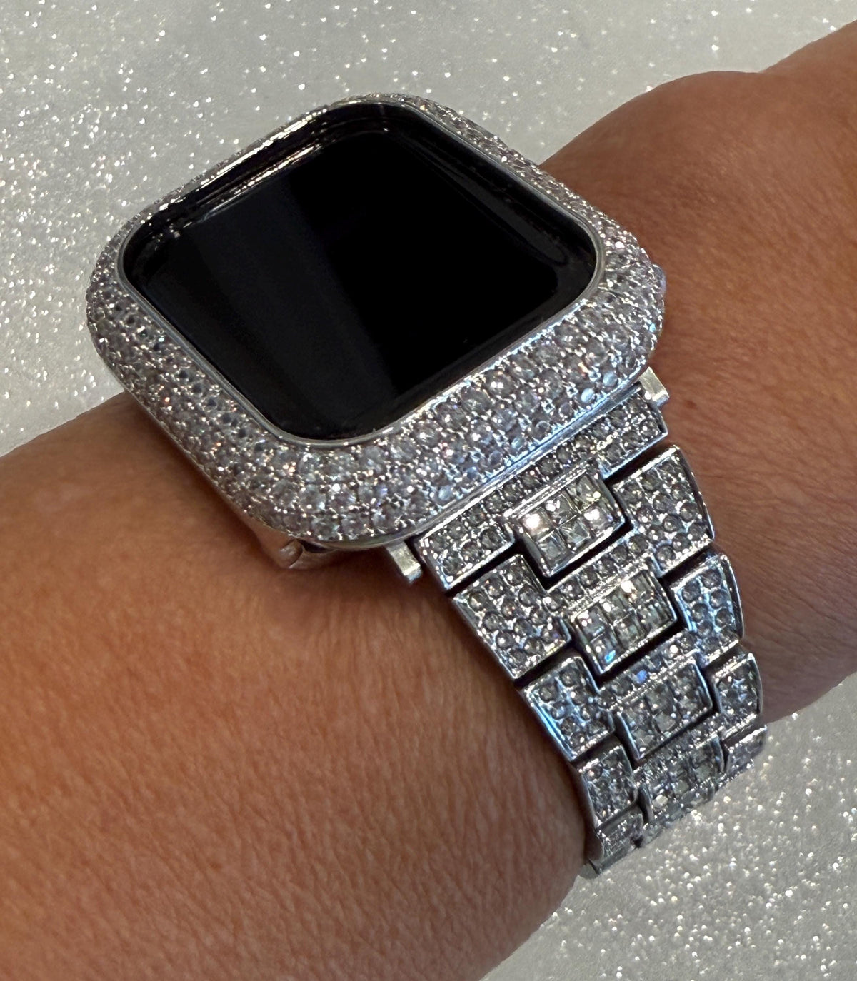 Pave Silver Apple Watch Band Women 38mm-49mm Ultra Swarovski Crystal & or Apple Watch Cover Lab Diamond Bezel Apple Watch Case Series 2-12
