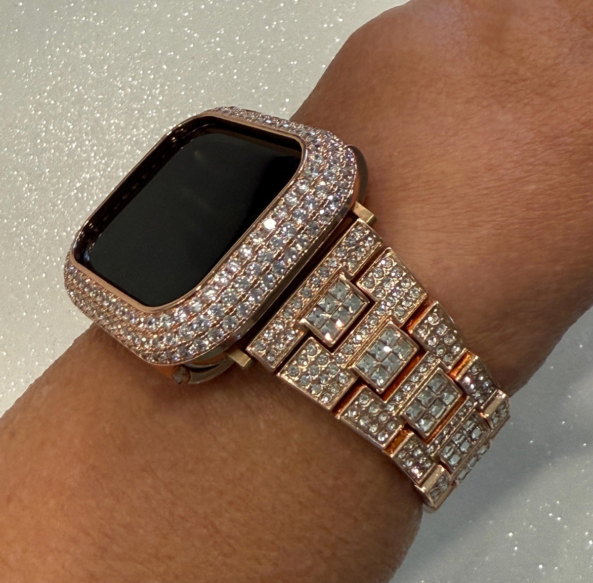 Pave Rose Gold Apple Watch Band Women 38 40 41 42 44 45 46 49 Ultra Swarovski Crystal & or Apple Watch Cover Lab Diamond Bezel Series 10-12