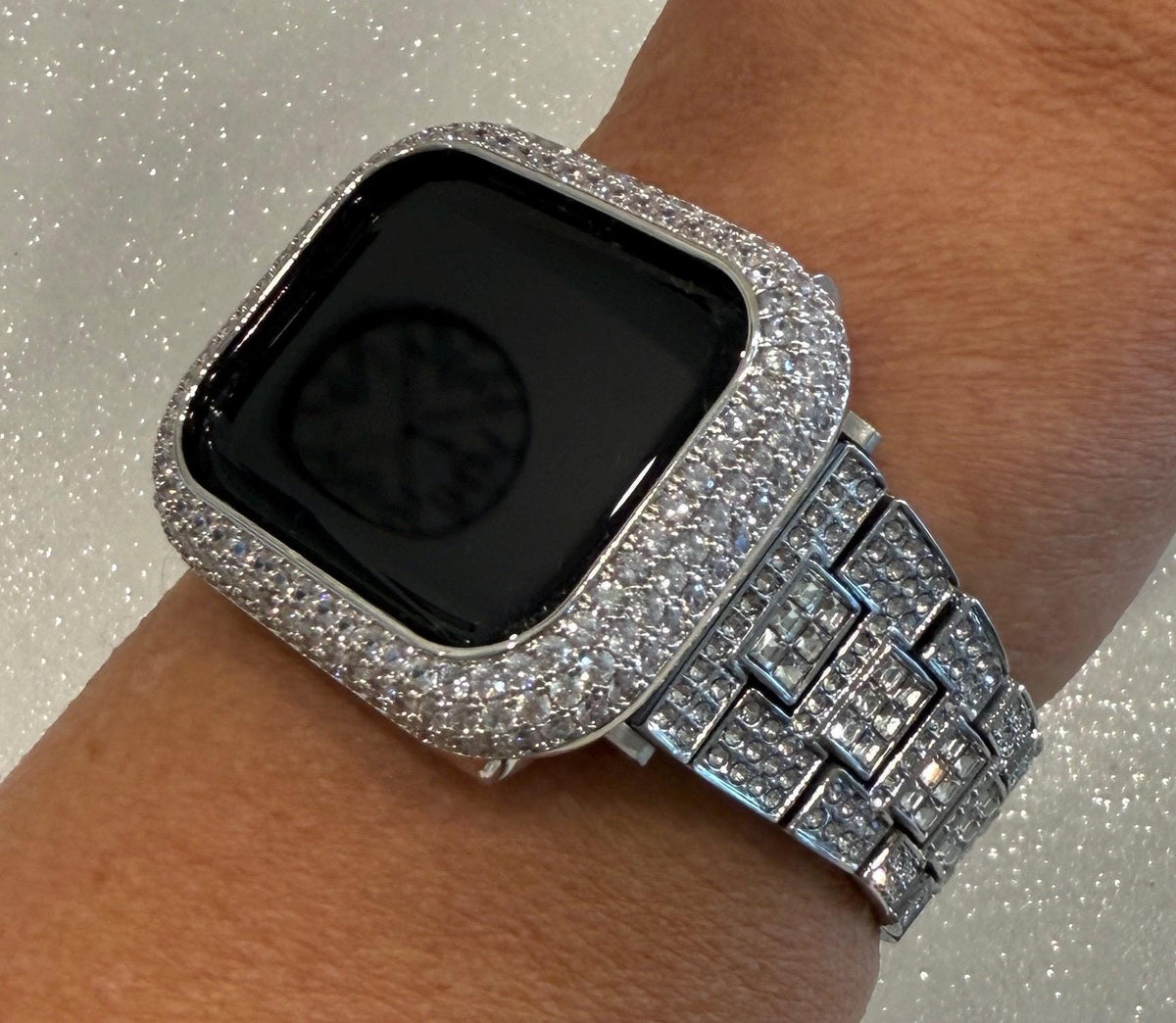 Pave Silver Apple Watch Band Women 38mm-49mm Ultra Swarovski Crystal & or Apple Watch Cover Lab Diamond Bezel Apple Watch Case Series 2-12