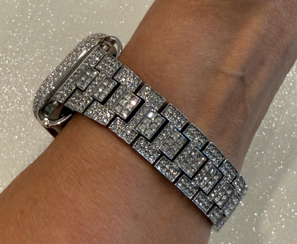 Pave Silver Apple Watch Band Women 38mm-49mm Ultra Swarovski Crystal & or Apple Watch Cover Lab Diamond Bezel Apple Watch Case Series 2-12