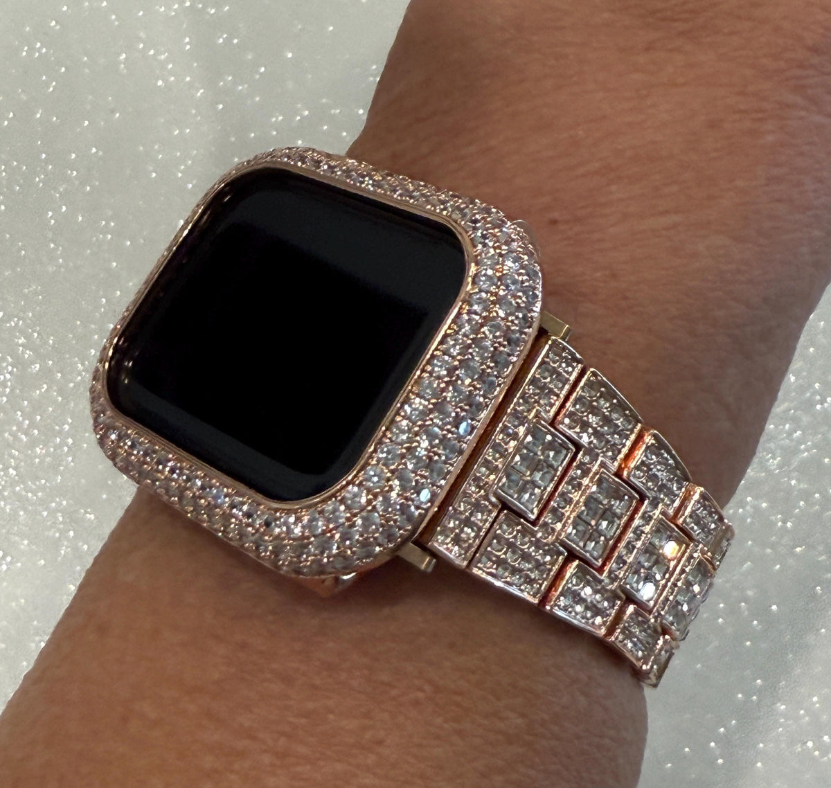 Pave Rose Gold Apple Watch Band Women 38 40 41 42 44 45 46 49 Ultra Swarovski Crystal & or Apple Watch Cover Lab Diamond Bezel Series 10-12