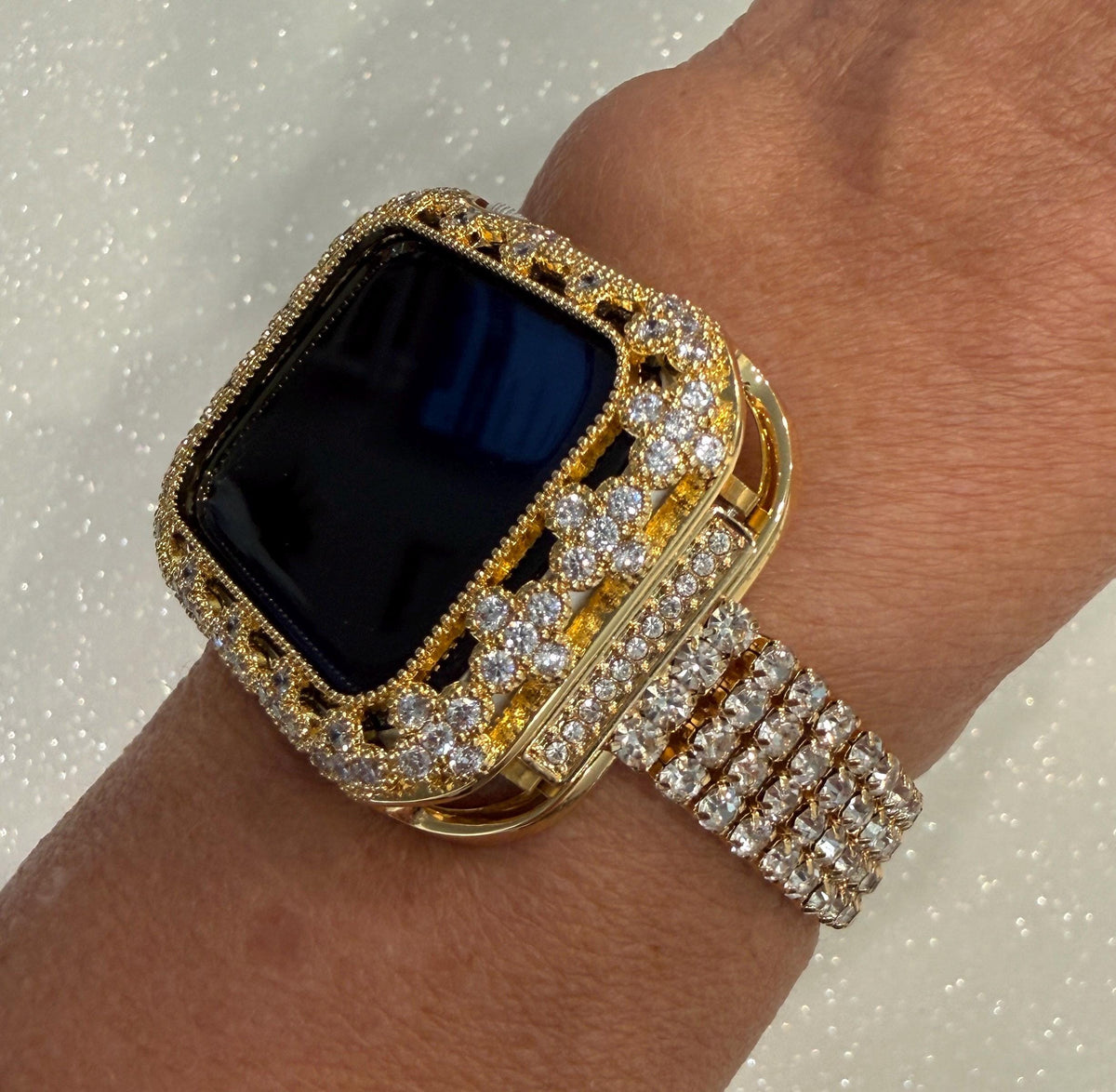 Gold Apple Watch Band Women Swarovski Crystals & or Flower Apple Watch Case for Iphone Watch 41mm-46mm Smartwatch Bumper Case Bling