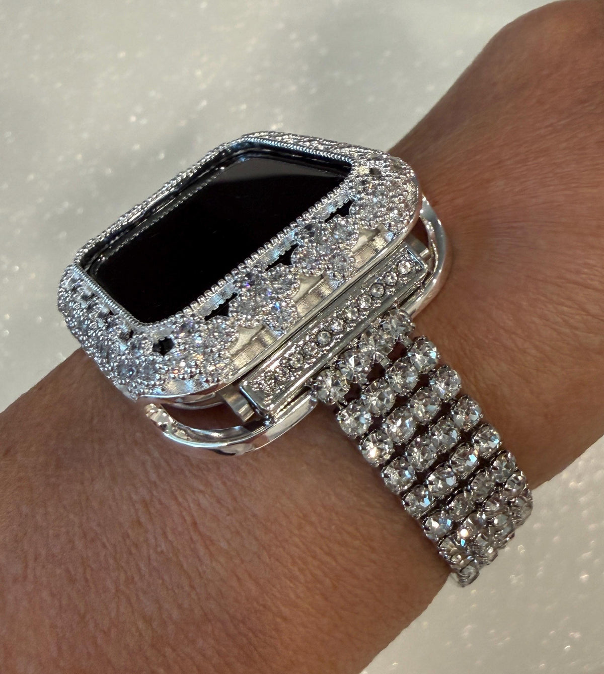 Silver Apple Watch Band Women Swarovski Crystals & or Flower Apple Watch Case for Iphone Watch 41mm-46mm Smartwatch Bumper Case Bling