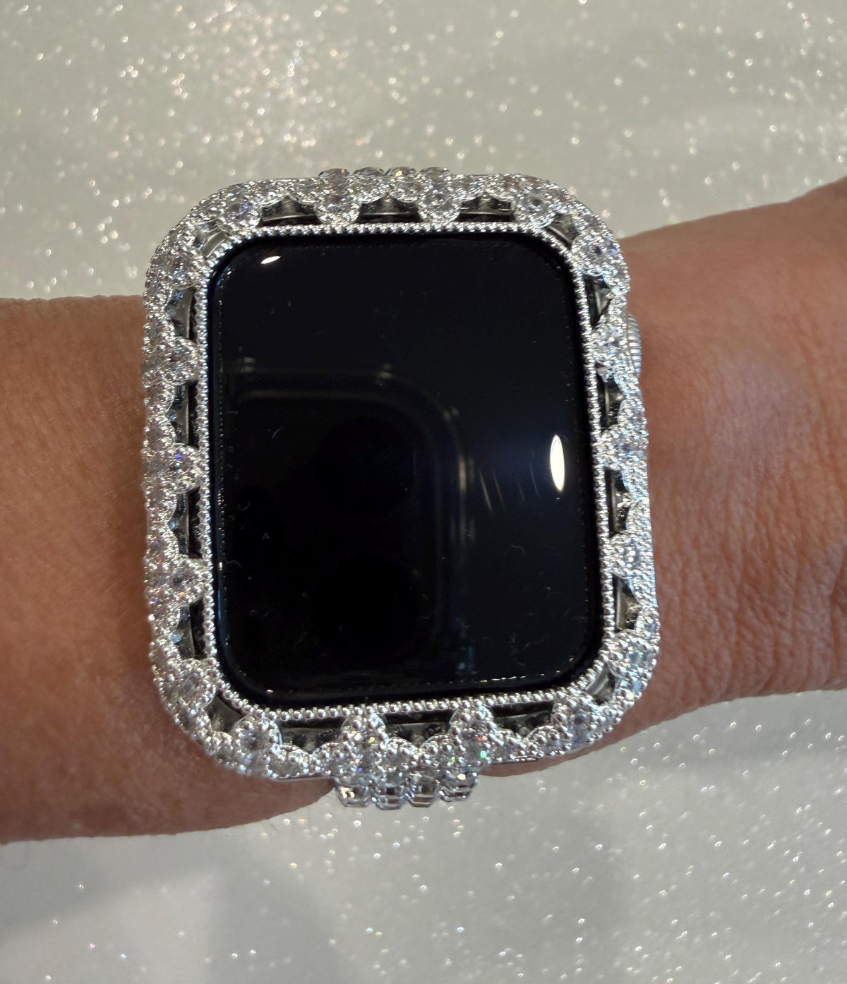Silver Apple Watch Band Women Swarovski Crystals & or Flower Apple Watch Case for Iphone Watch 41mm-46mm Smartwatch Bumper Case Bling