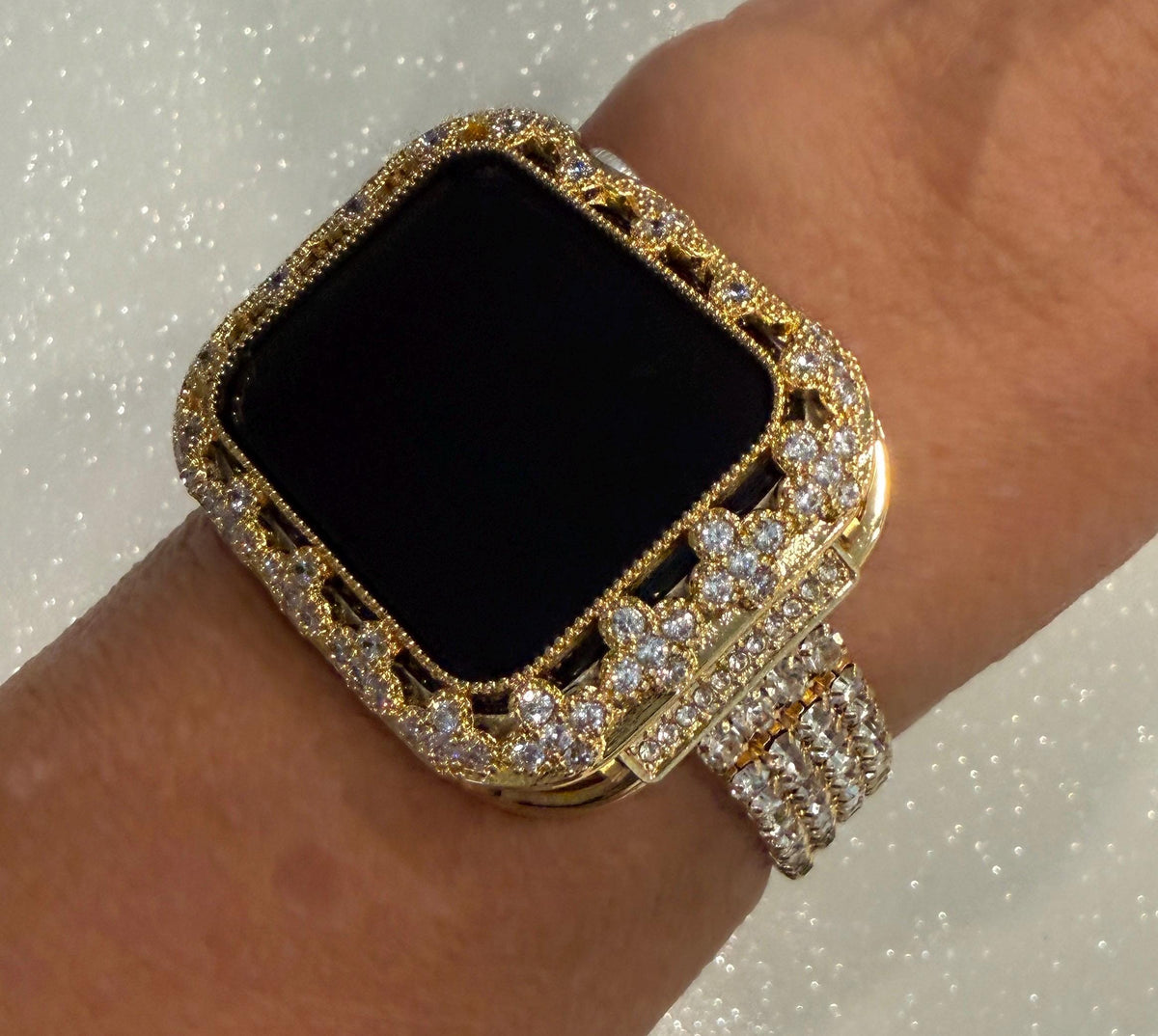 Gold Apple Watch Case Flower in Swarovski Crystals 41-46mm Series 7-11 Protective Apple Watch Bezel Only No Band Floral Iwatch Case