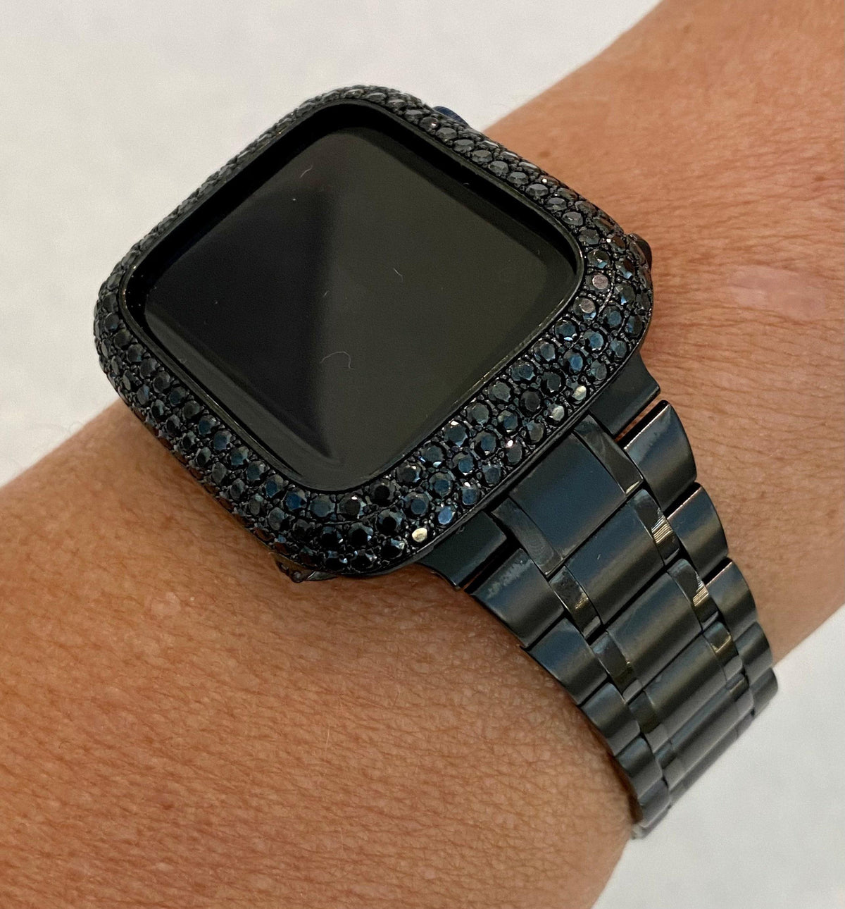 Black Apple Watch Band, Luxury Stainless Steel & or Apple Watch Cover, Lab Diamond Bezel 38mm-49mm Protective Bling Case