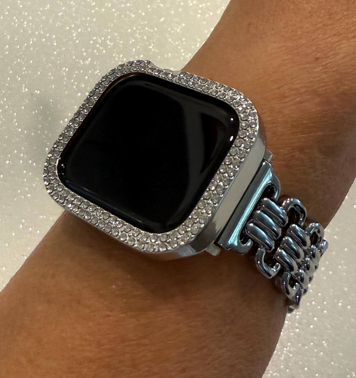 Designer Apple Watch Band, Silver Metal Bracelet & Bling Iwatch Case Set, 2 Rows Crystals, Apple Watch Cover, Screen Protector Options