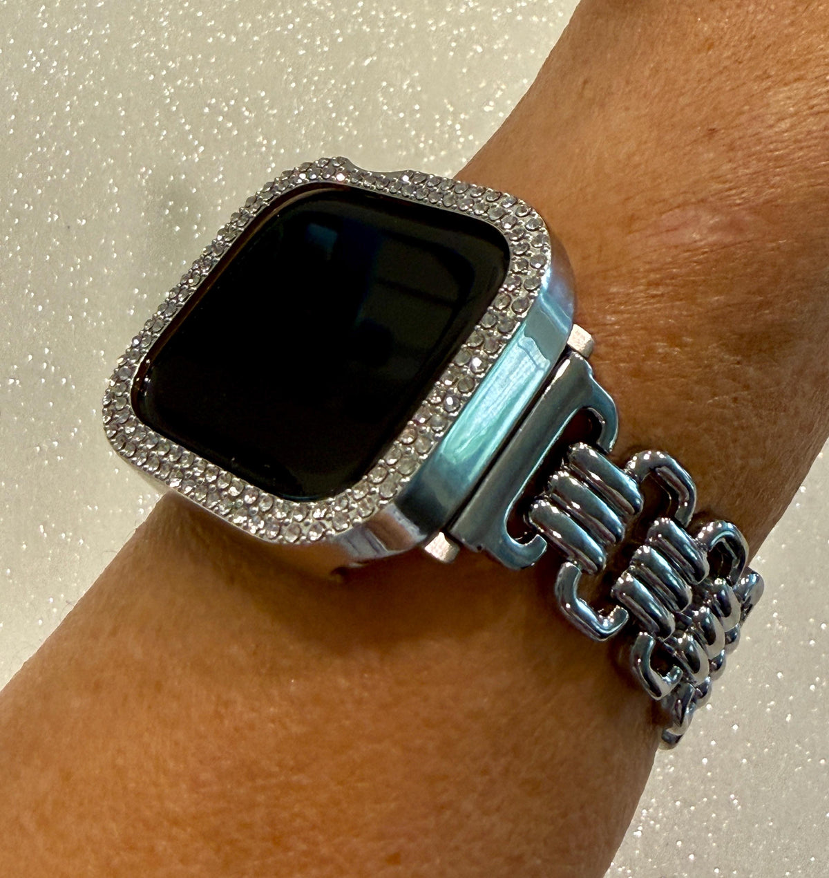 Designer Apple Watch Band, Silver Metal Bracelet & Bling Iwatch Case Set, 2 Rows Crystals, Apple Watch Cover, Screen Protector Options