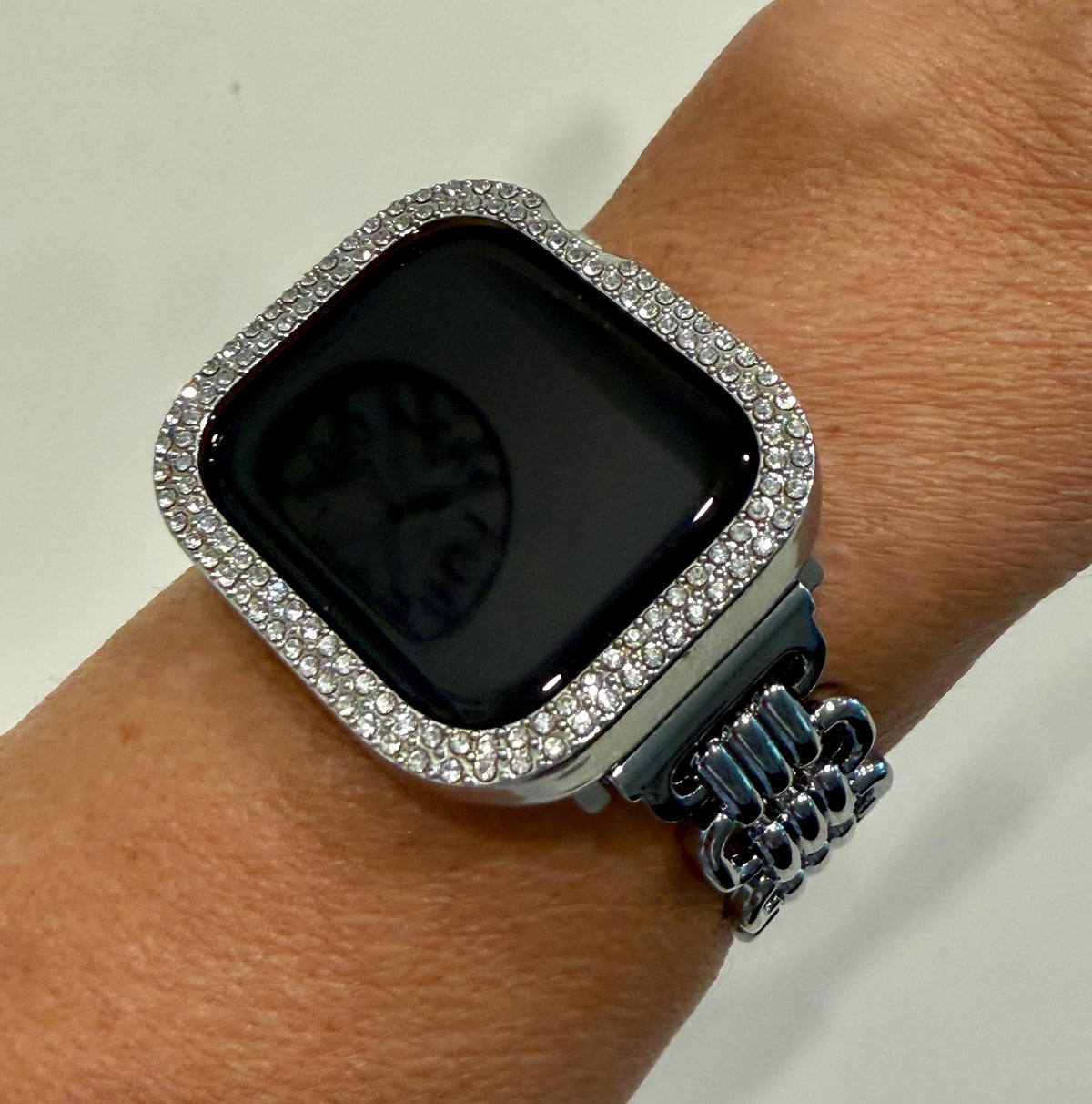 Designer Apple Watch Band, Silver Metal Bracelet & Bling Iwatch Case Set, 2 Rows Crystals, Apple Watch Cover, Screen Protector Options