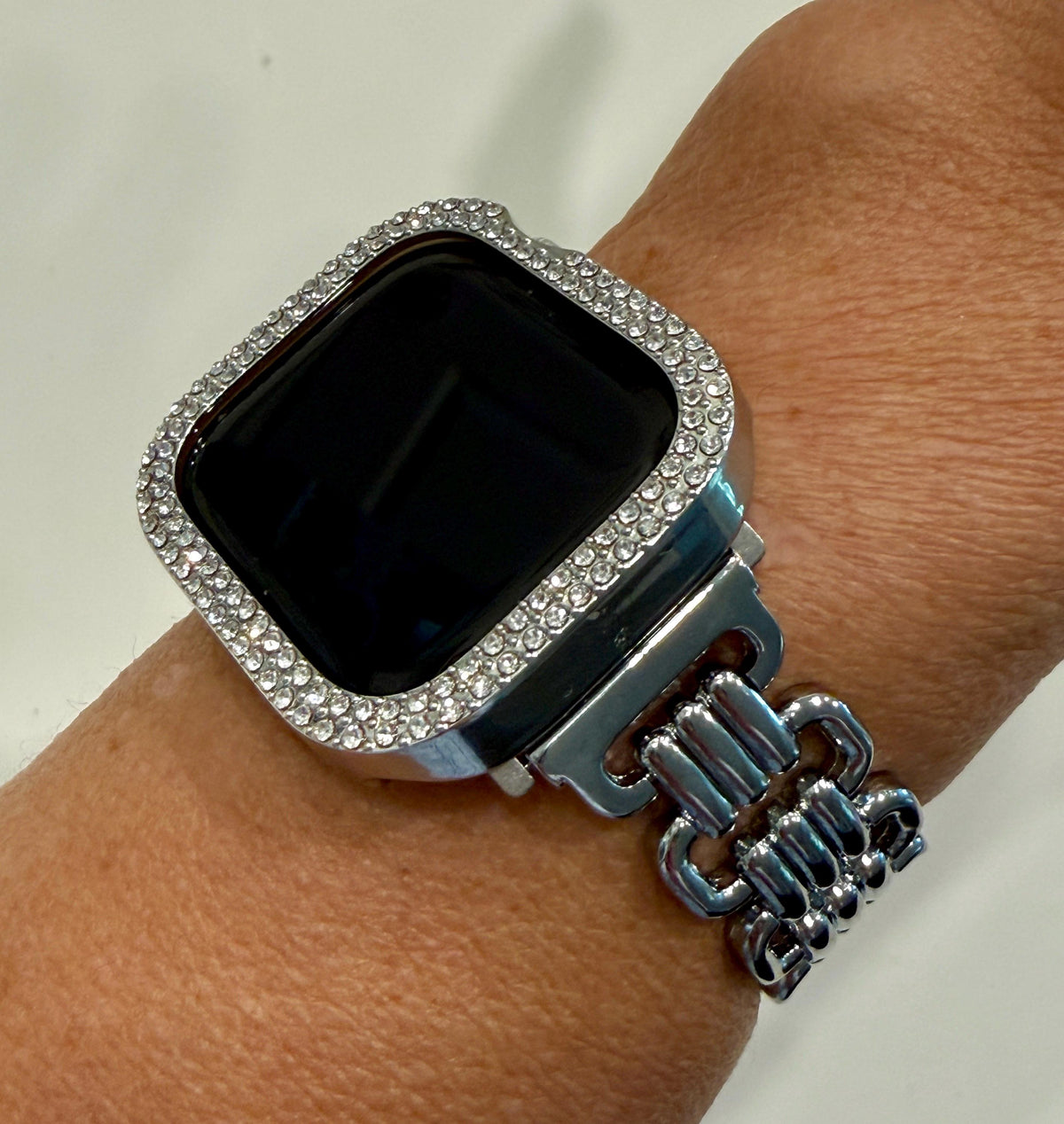 Designer Apple Watch Band, Silver Metal Bracelet & Bling Iwatch Case Set, 2 Rows Crystals, Apple Watch Cover, Screen Protector Options