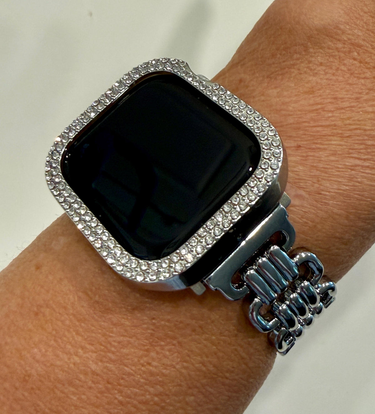Designer Apple Watch Band, Silver Metal Bracelet & Bling Iwatch Case Set, 2 Rows Crystals, Apple Watch Cover, Screen Protector Options