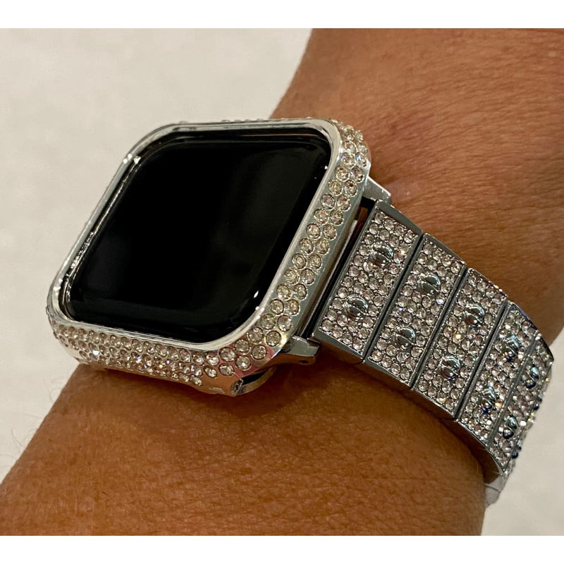 New Series 8 Apple Watch Band 41mm 45mm Silver Swarovski Crystals & or Apple Watch Case Cover Stainless Steel Bling Series 7 - 41mm apple