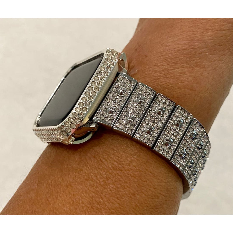 New Series 8 Apple Watch Band 41mm 45mm Silver Swarovski Crystals & or Apple Watch Case Cover Stainless Steel Bling Series 7 - 41mm apple