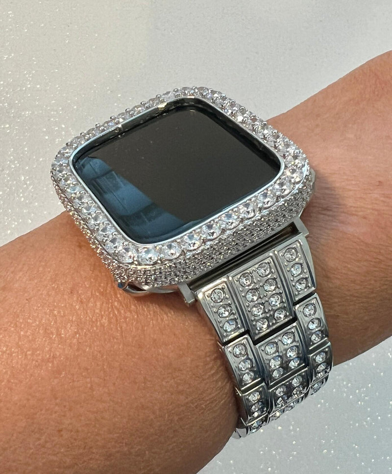 Mens Apple Watch Band Womens Iced Out Silver Stainless Steel Swarovski Crystal & or Apple Watch Cover Lab Diamond Bezel Case Bling 38mm-45mm