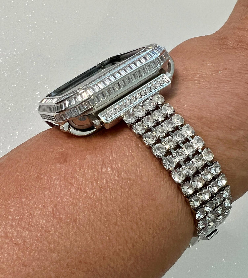 Silver Apple Watch Band Women 41mm 45mm Series 8 Swarovski Crystals & or Apple Watch Cover Lab Diamond Bezel Case Iwatch Candy Bling